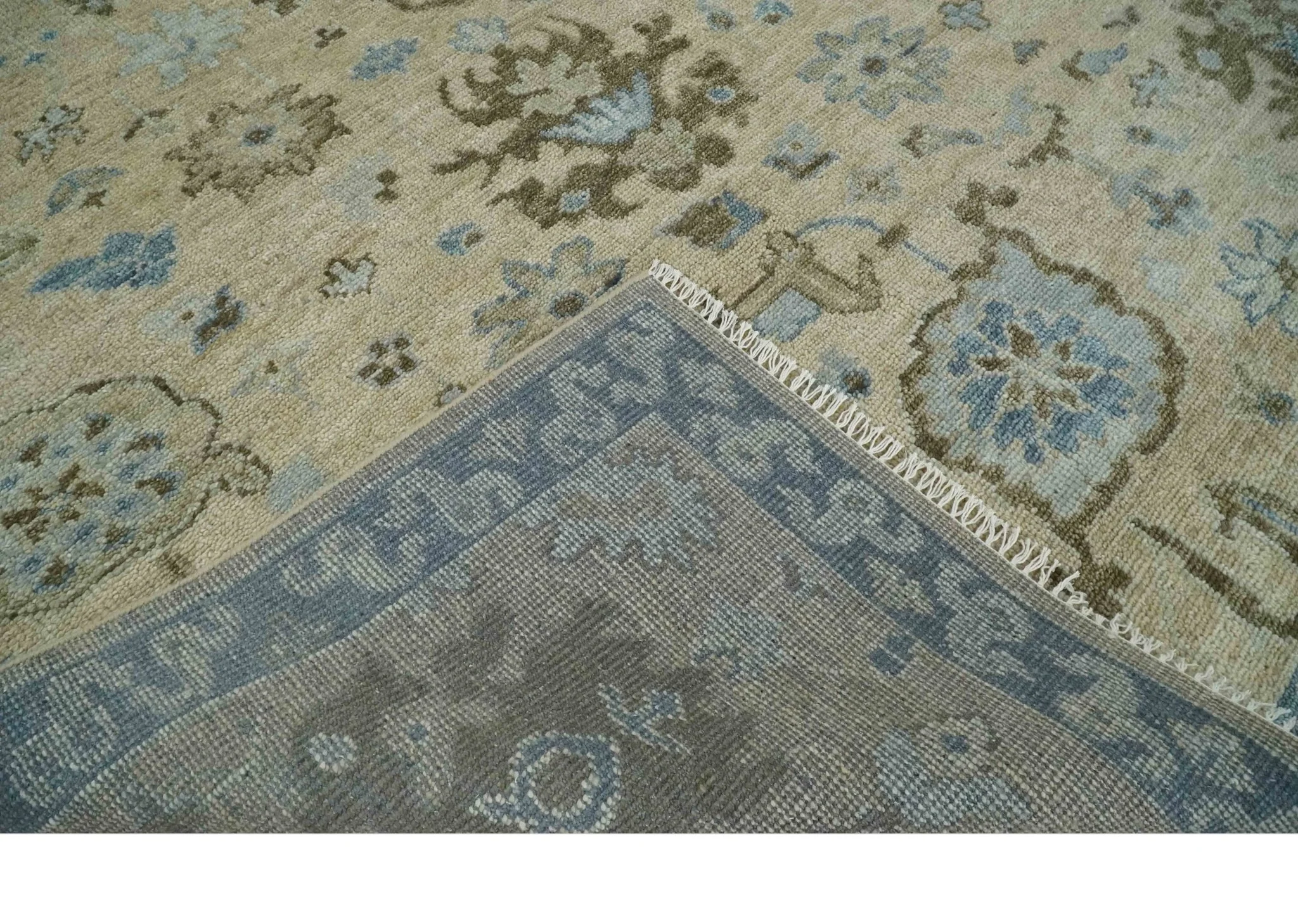 Custom Made Antique Style Beige and Blue Hand knotted Oushak wool Area Rug - Image 7