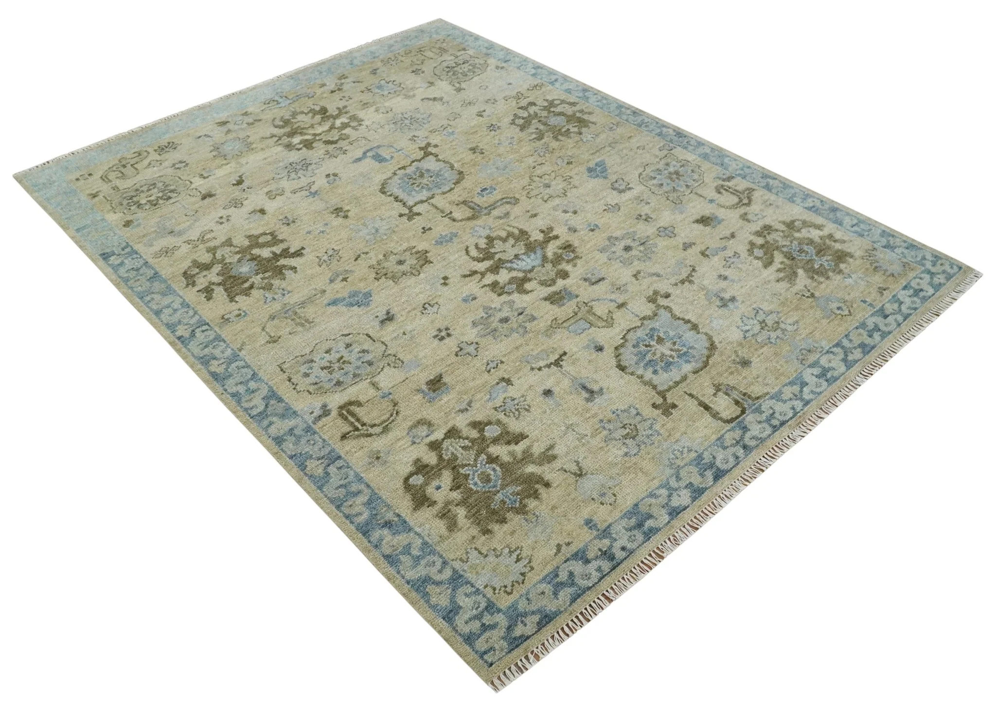 Custom Made Antique Style Beige and Blue Hand knotted Oushak wool Area Rug - Image 9