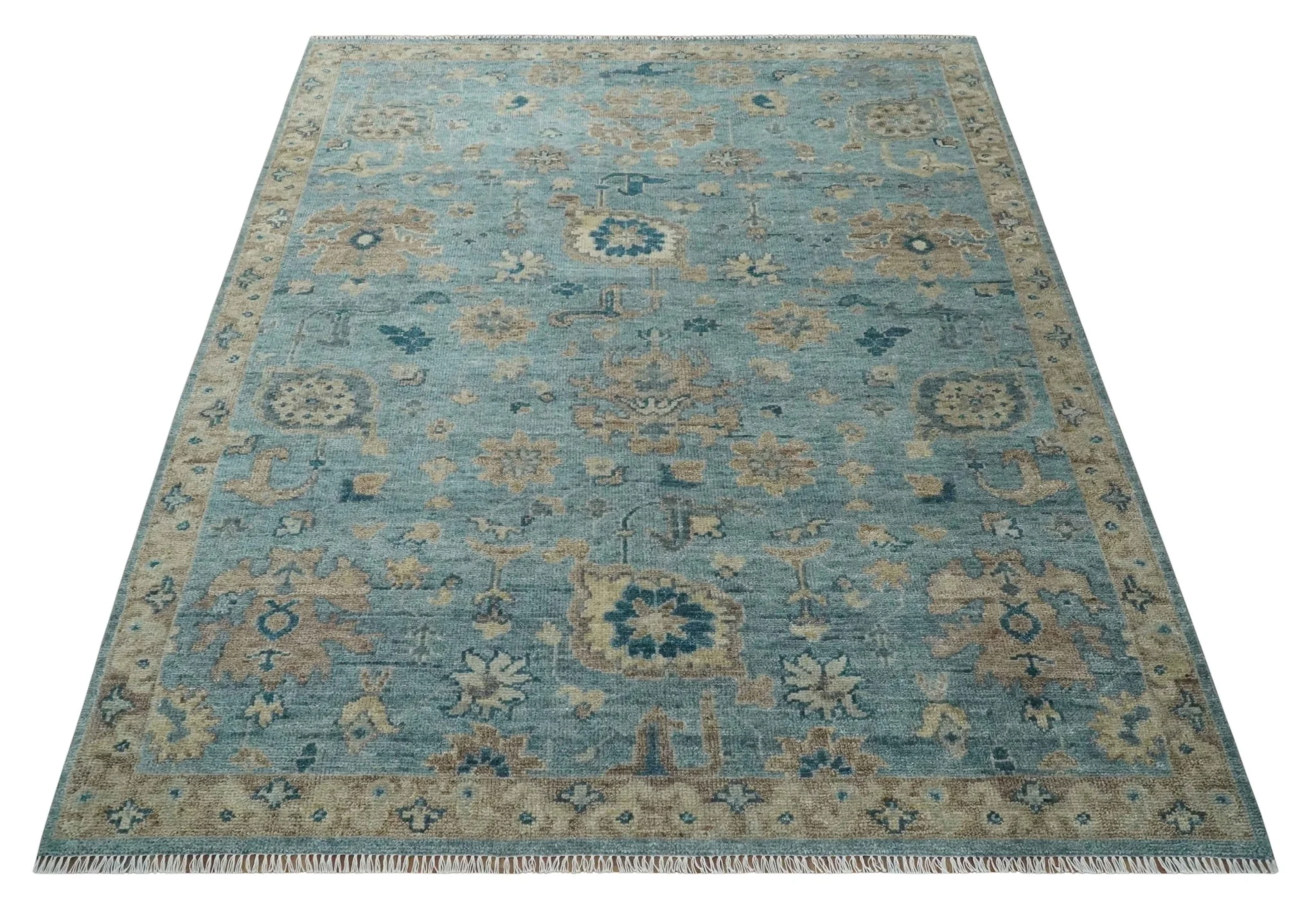 Vintage Style Light Blue and Brown Hand knotted Oushak Multi Size wool Area Rug - Image 10