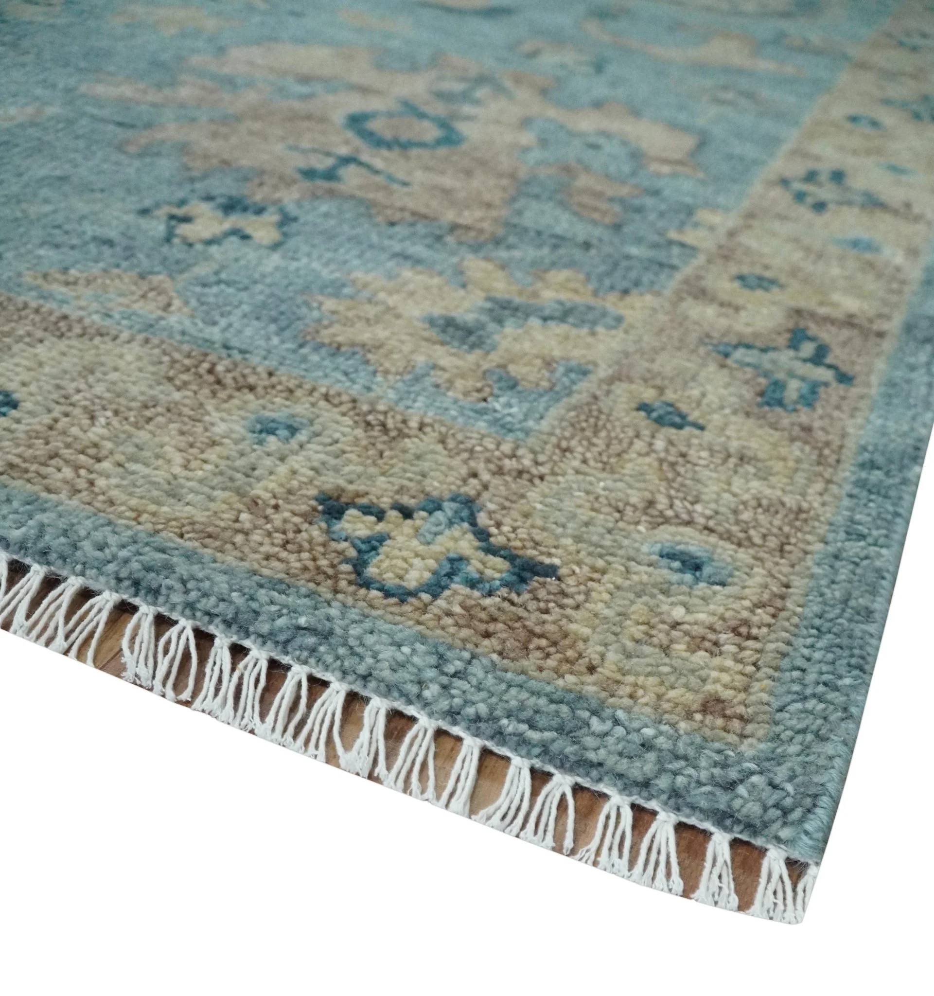 Vintage Style Light Blue and Brown Hand knotted Oushak Multi Size wool Area Rug - Image 5