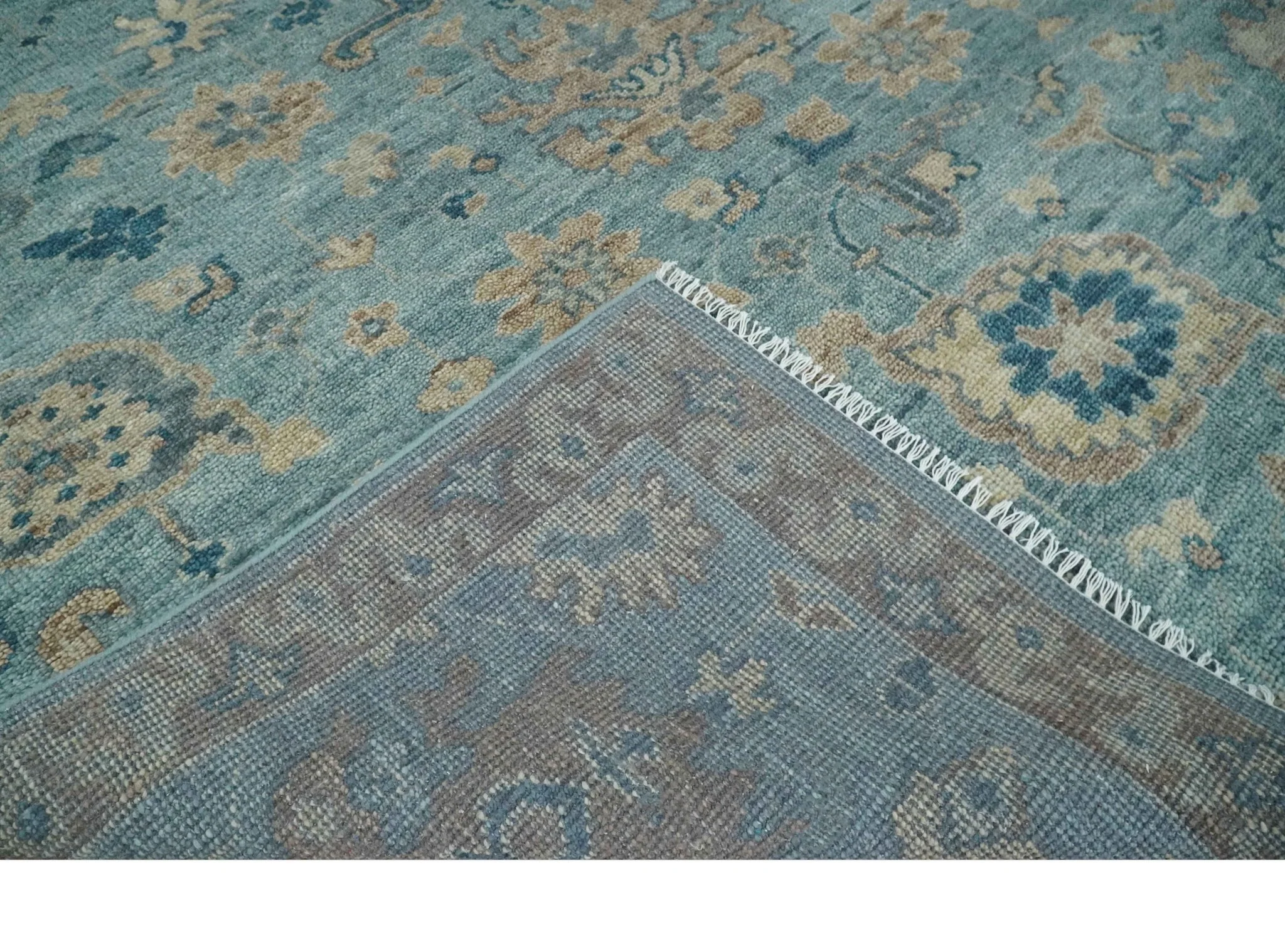 Vintage Style Light Blue and Brown Hand knotted Oushak Multi Size wool Area Rug - Image 6