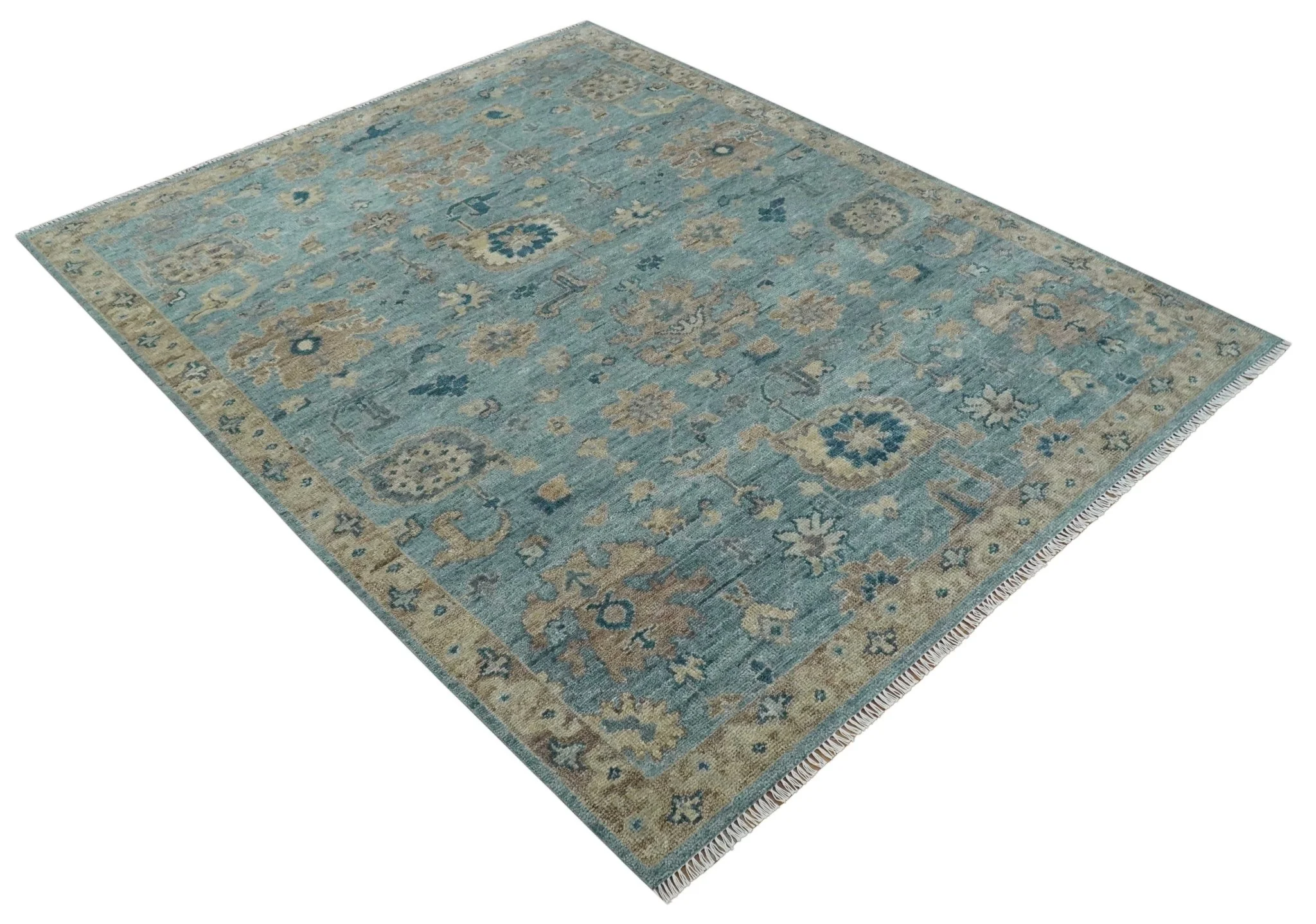 Vintage Style Light Blue and Brown Hand knotted Oushak Multi Size wool Area Rug - Image 9