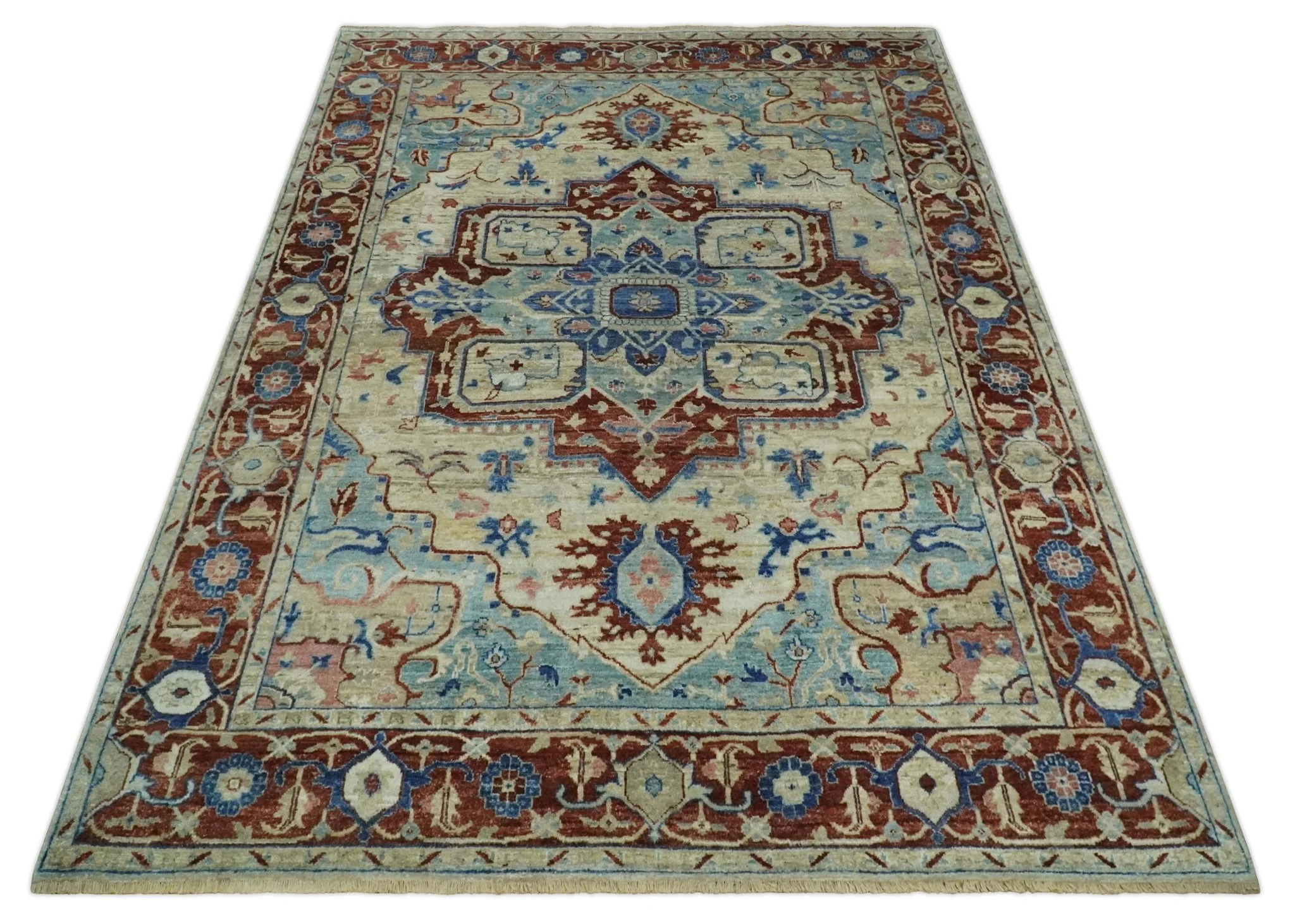 Vintage Style Beige, Aqua and Brown Hand Knotted Traditional Heriz 8x10 wool area Rug - Image 10