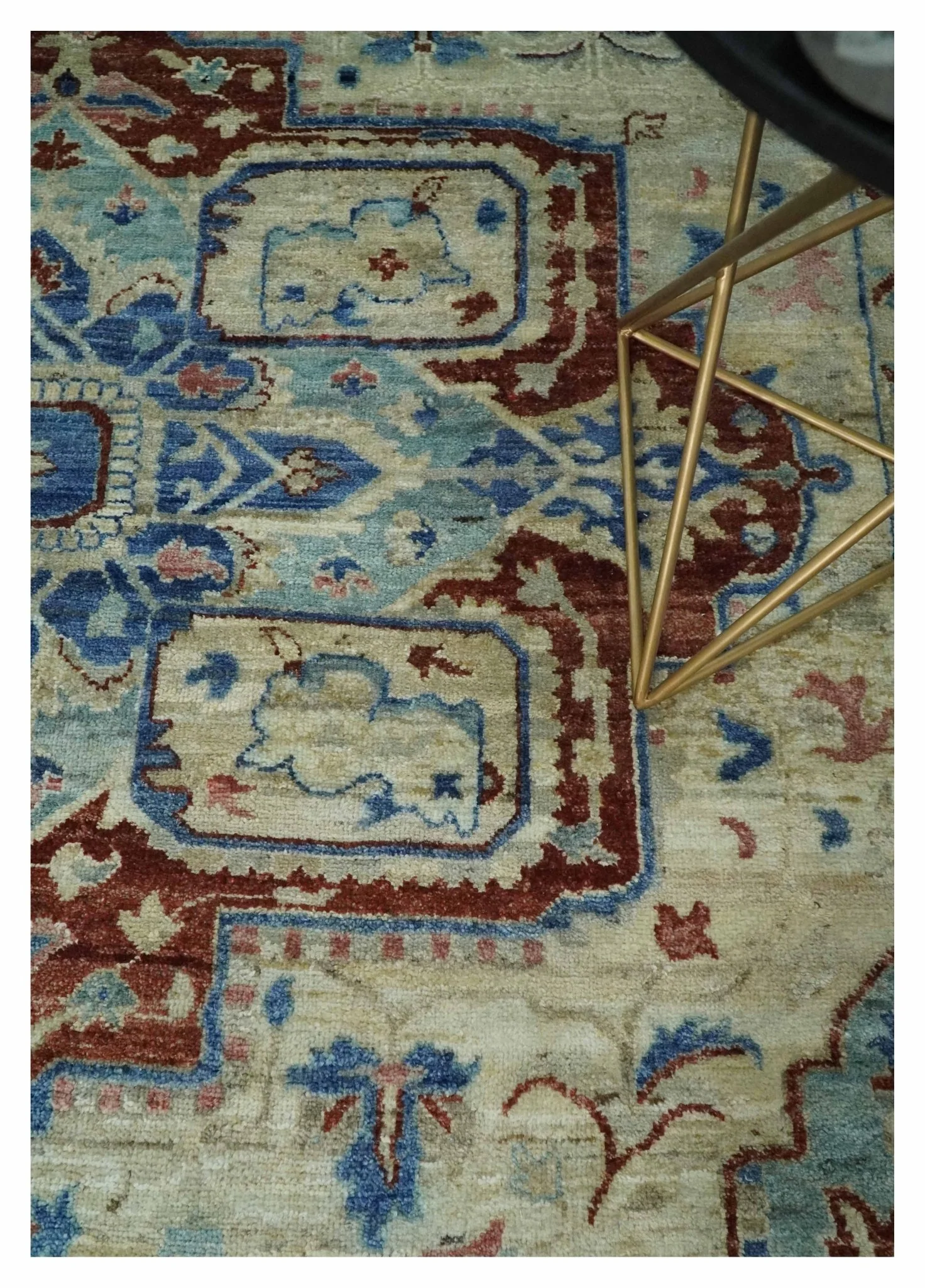 Vintage Style Beige, Aqua and Brown Hand Knotted Traditional Heriz 8x10 wool area Rug - Image 2