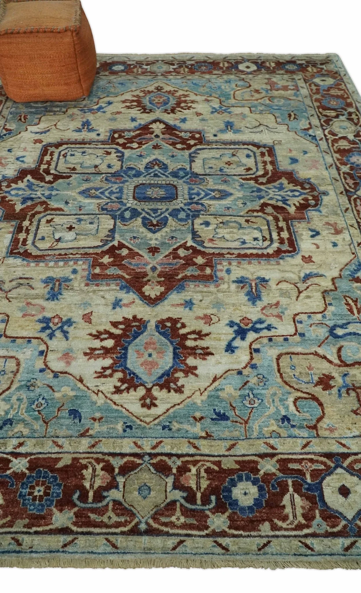 Vintage Style Beige, Aqua and Brown Hand Knotted Traditional Heriz 8x10 wool area Rug - Image 3