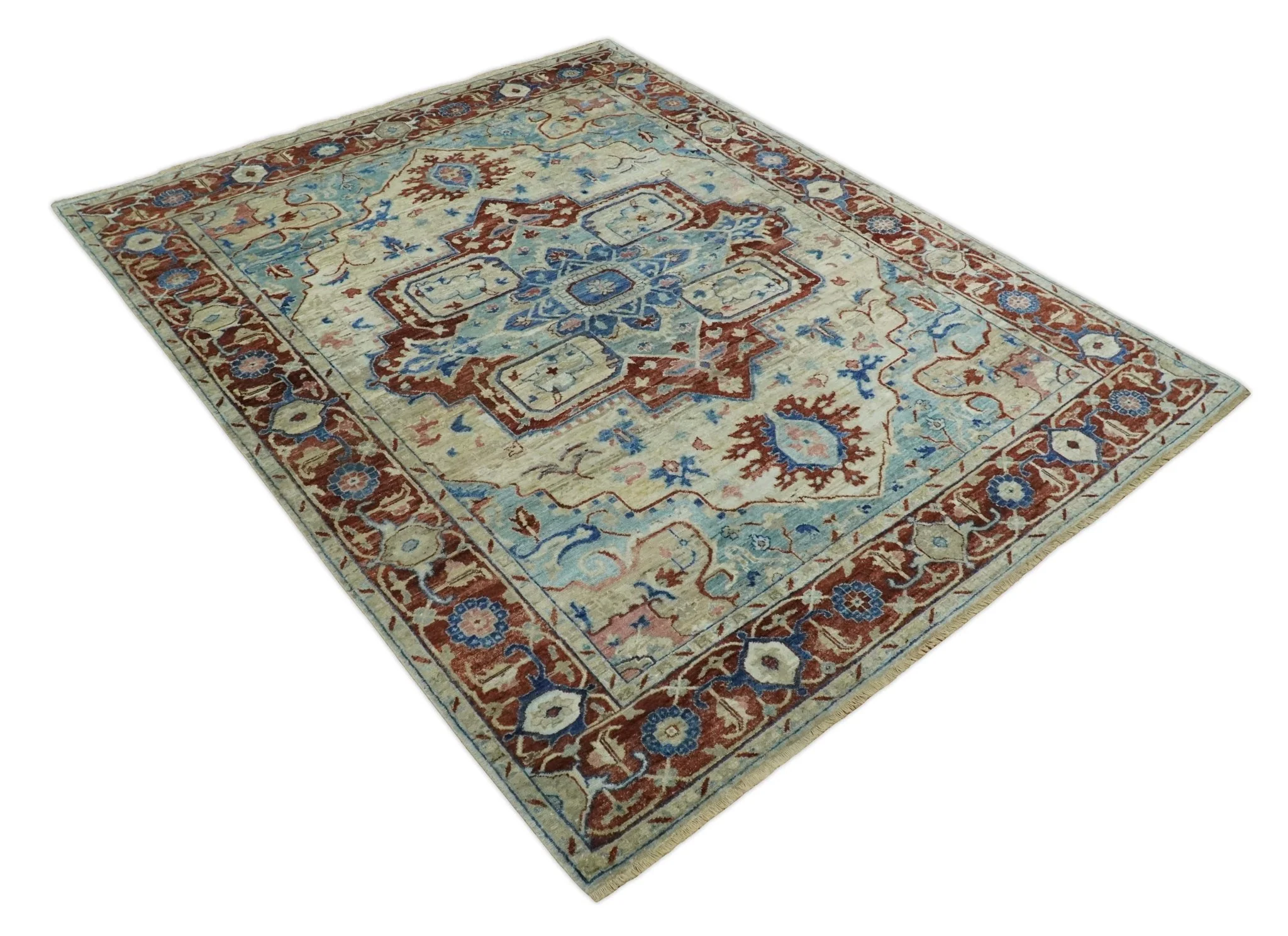 Vintage Style Beige, Aqua and Brown Hand Knotted Traditional Heriz 8x10 wool area Rug - Image 9