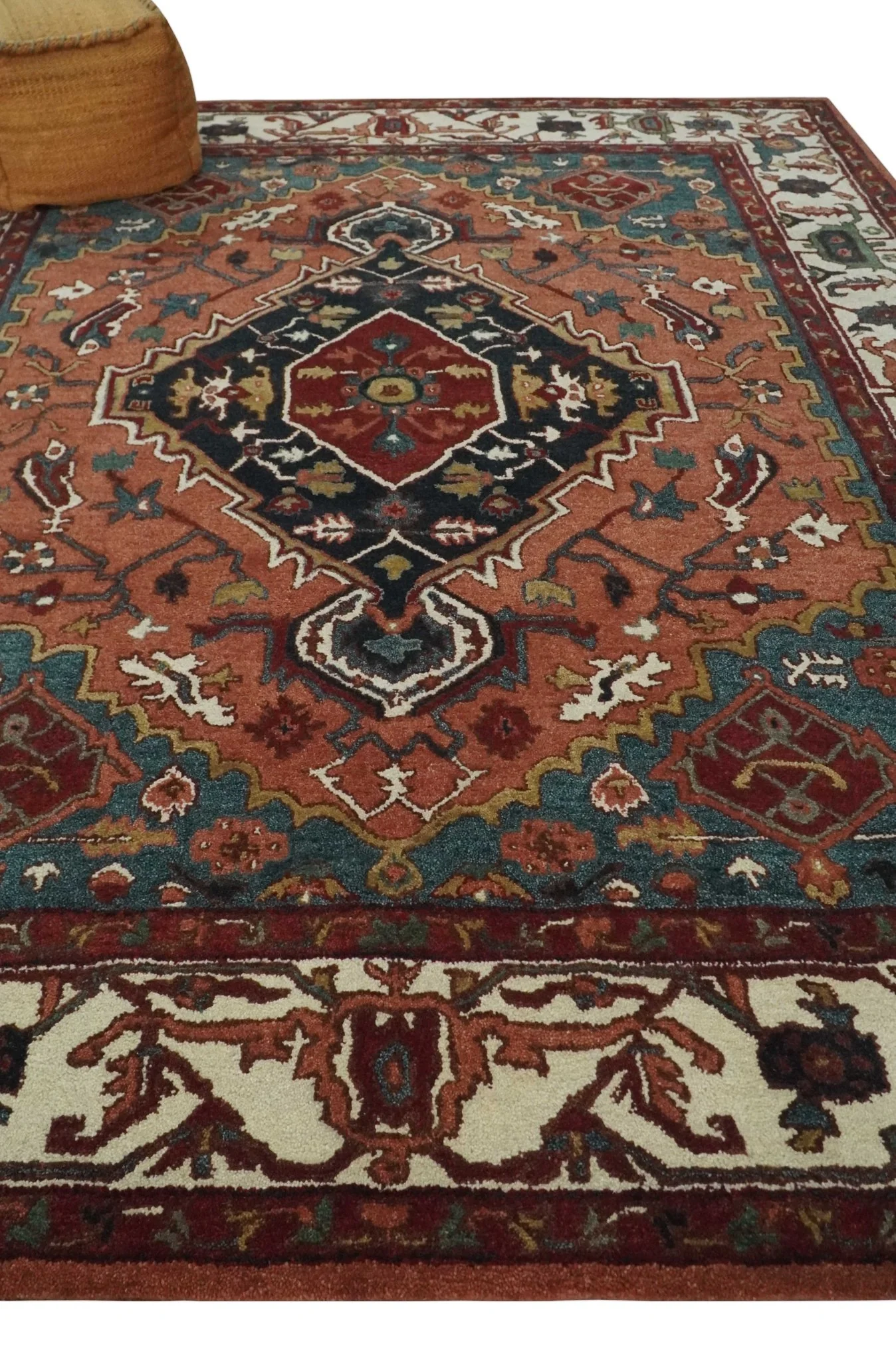 Vintage Style Black, Rust, Teal and Ivory Hand Tufted 8x10 Traditional wool Area Rug - Image 3