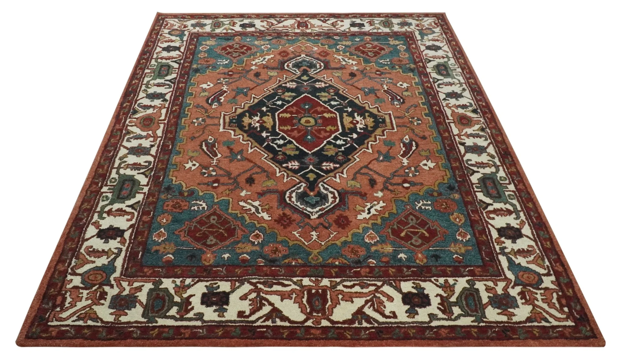 Vintage Style Black, Rust, Teal and Ivory Hand Tufted 8x10 Traditional wool Area Rug - Image 9