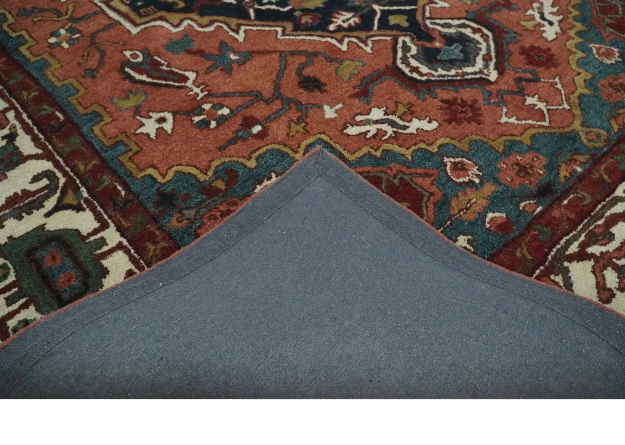 Custom Made Vintage Style Black, Rust, Teal and Ivory Hand Tufted Traditional wool Area Rug - Image 8