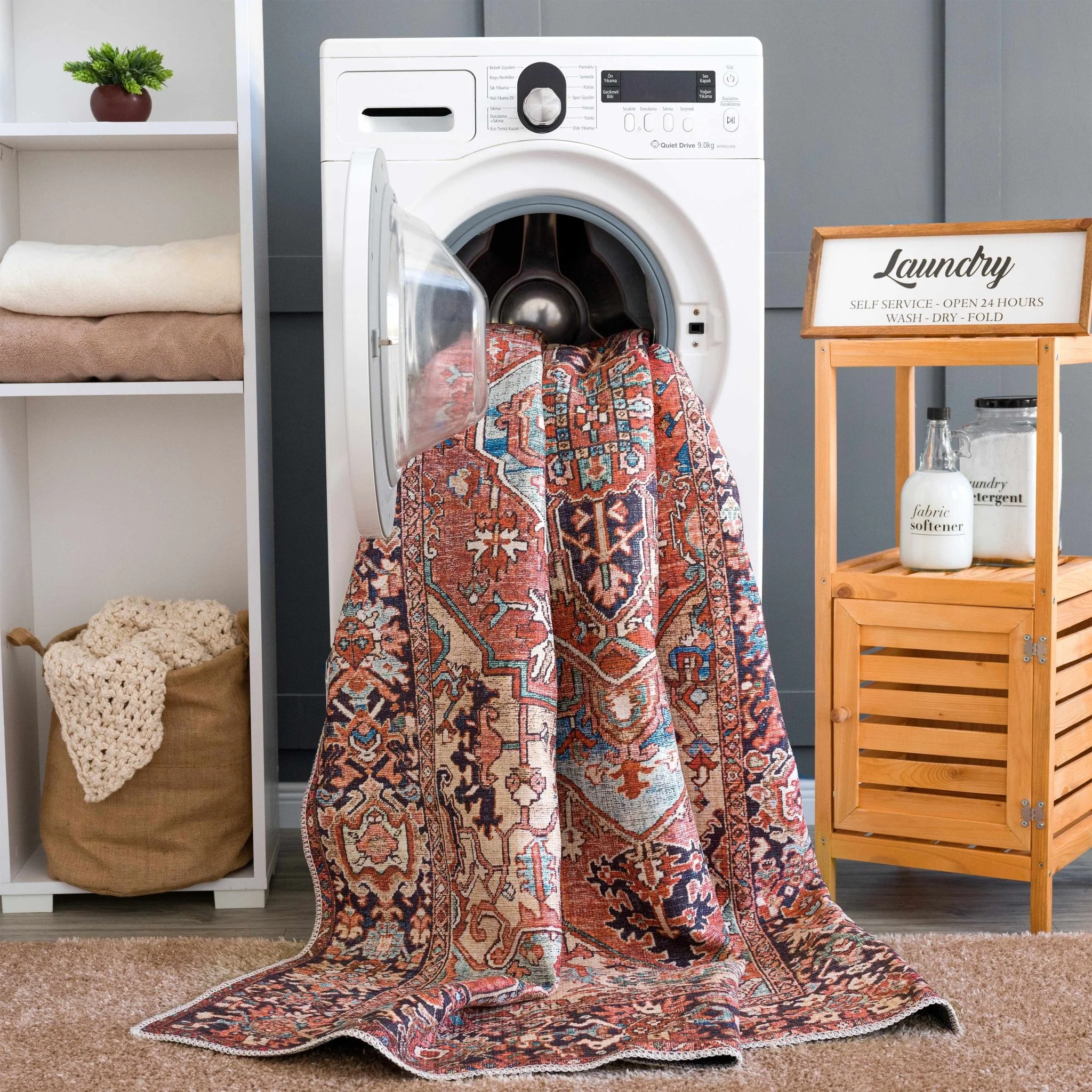 Premium look Vintage Style Brown, Blue and Ivory Machine Washable Turkish style Rug - Image 12