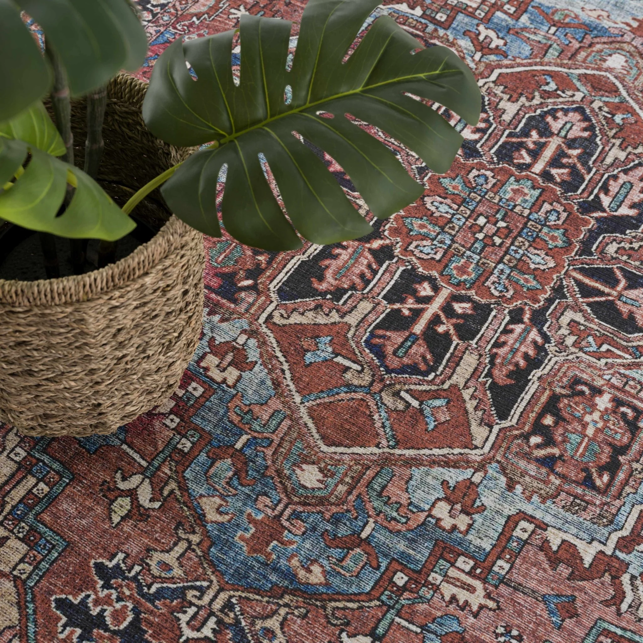 Premium look Vintage Style Brown, Blue and Ivory Machine Washable Turkish style Rug - Image 13