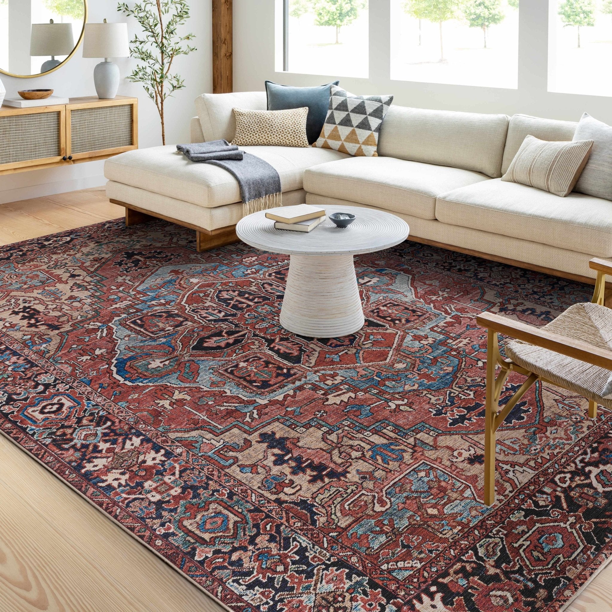 Premium look Vintage Style Brown, Blue and Ivory Machine Washable Turkish style Rug - Image 17