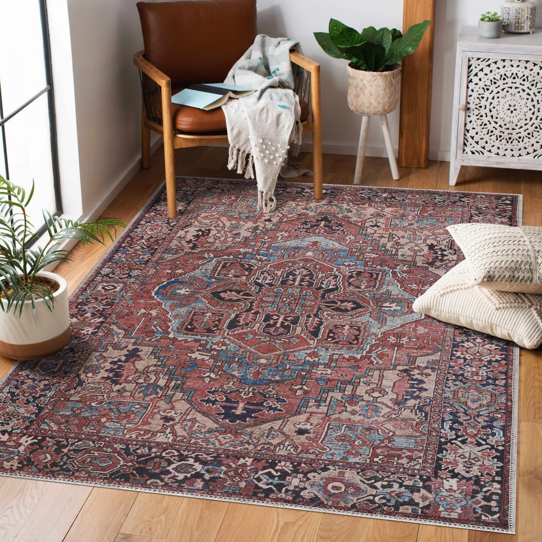 Premium look Vintage Style Brown, Blue and Ivory Machine Washable Turkish style Rug - Image 2