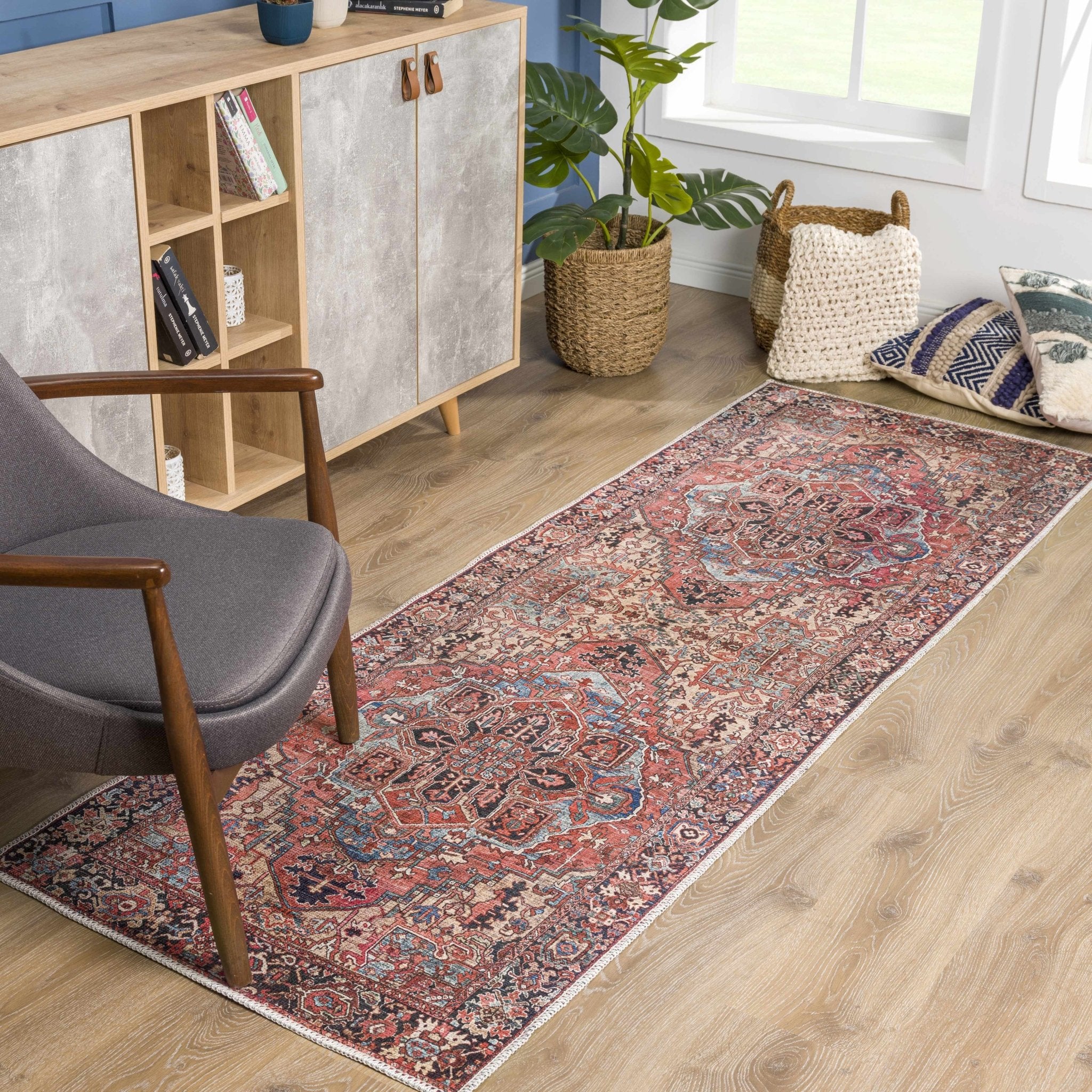 Premium look Vintage Style Brown, Blue and Ivory Machine Washable Turkish style Rug - Image 3