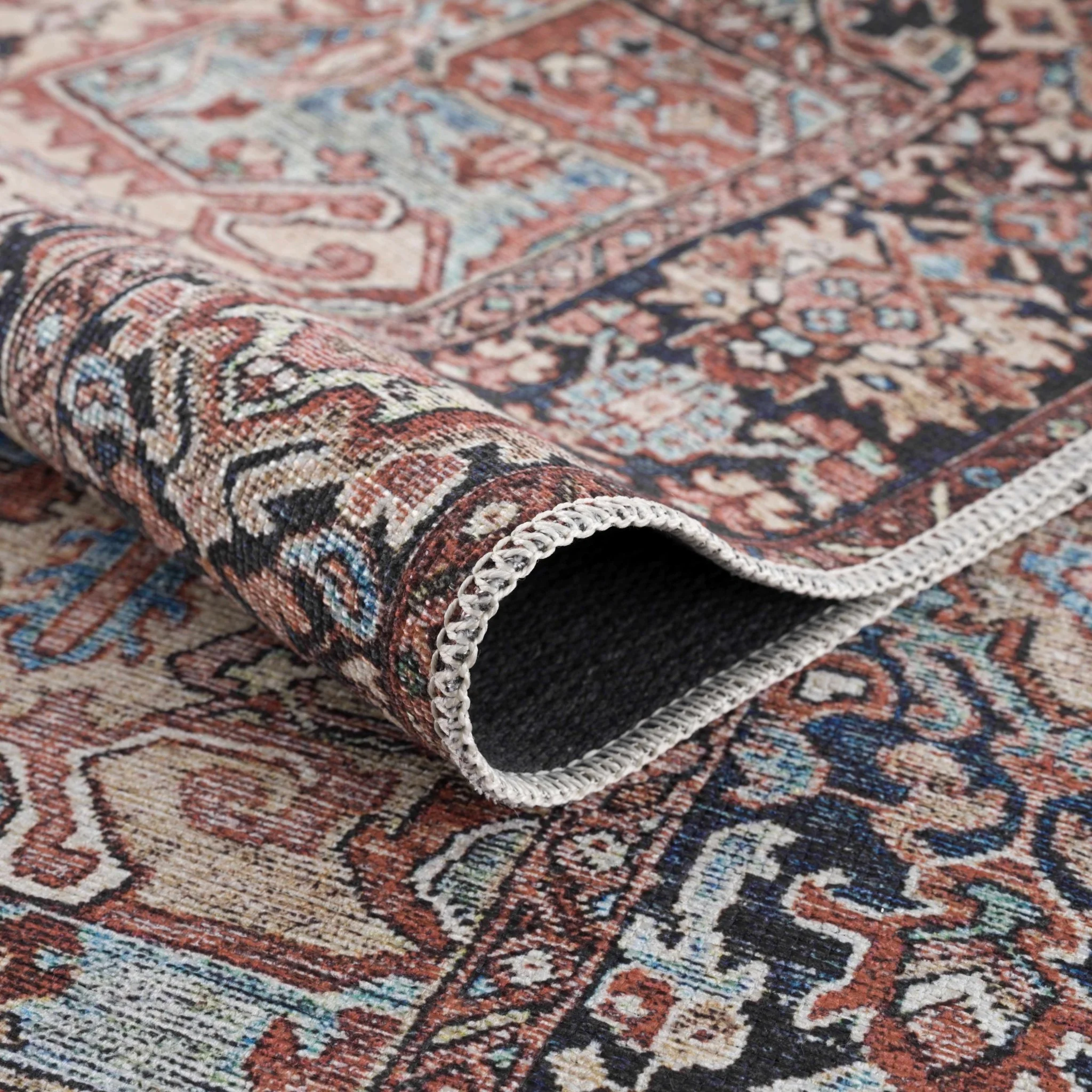 Premium look Vintage Style Brown, Blue and Ivory Machine Washable Turkish style Rug - Image 4