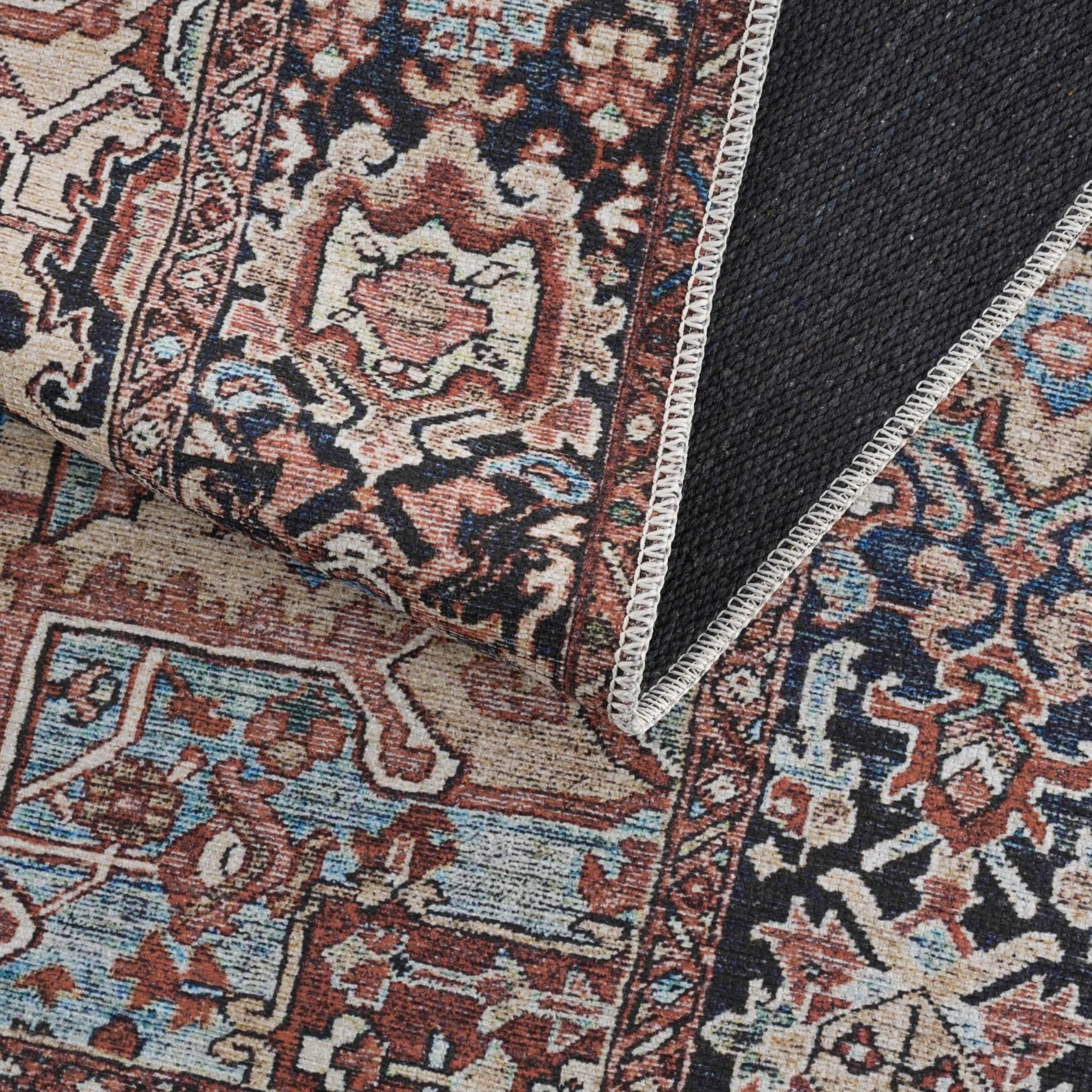 Premium look Vintage Style Brown, Blue and Ivory Machine Washable Turkish style Rug - Image 8