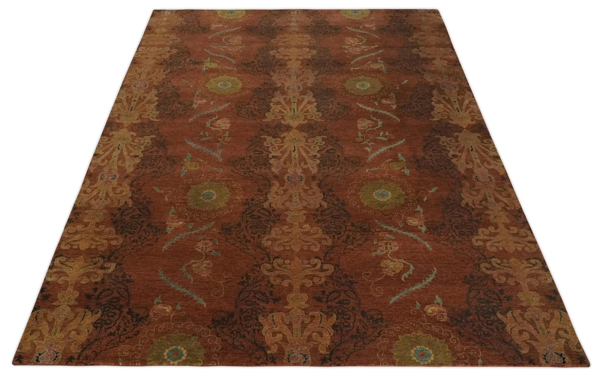 Fine Antique Style Brown, Rust and Green Traditional Ikat design Hand knotted wool Area Rug - Image 10