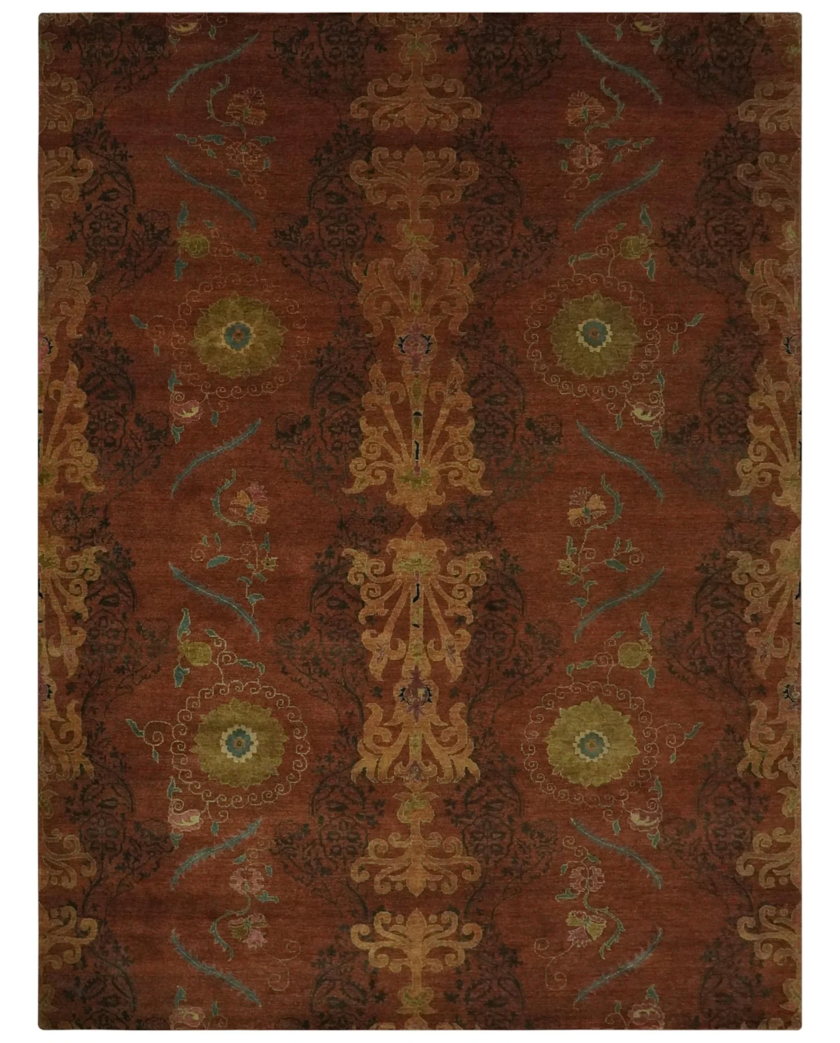 Fine Antique Style Brown, Rust and Green Traditional Ikat design Hand knotted wool Area Rug - Image 11
