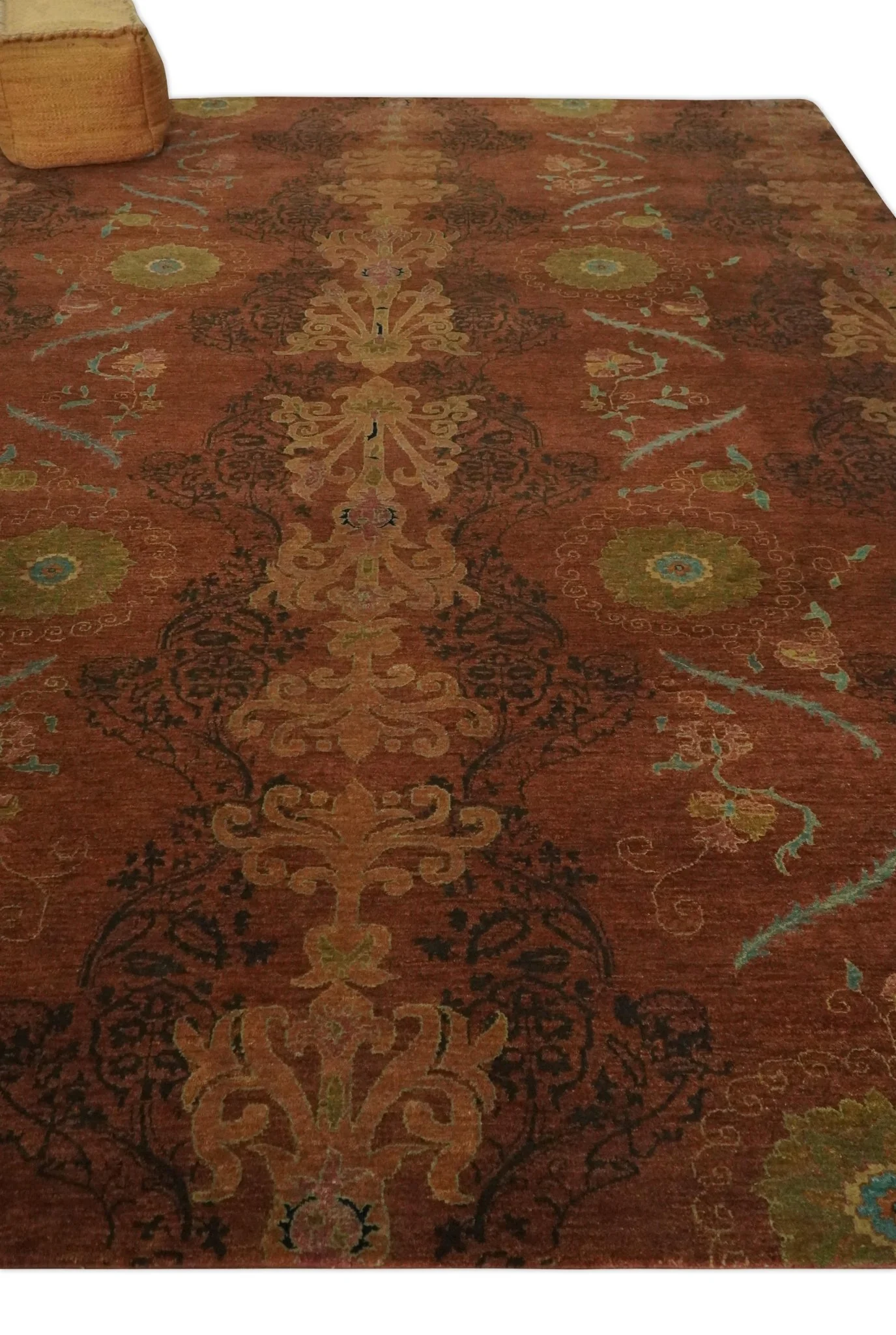 Fine Antique Style Brown, Rust and Green Traditional Ikat design Hand knotted wool Area Rug - Image 3