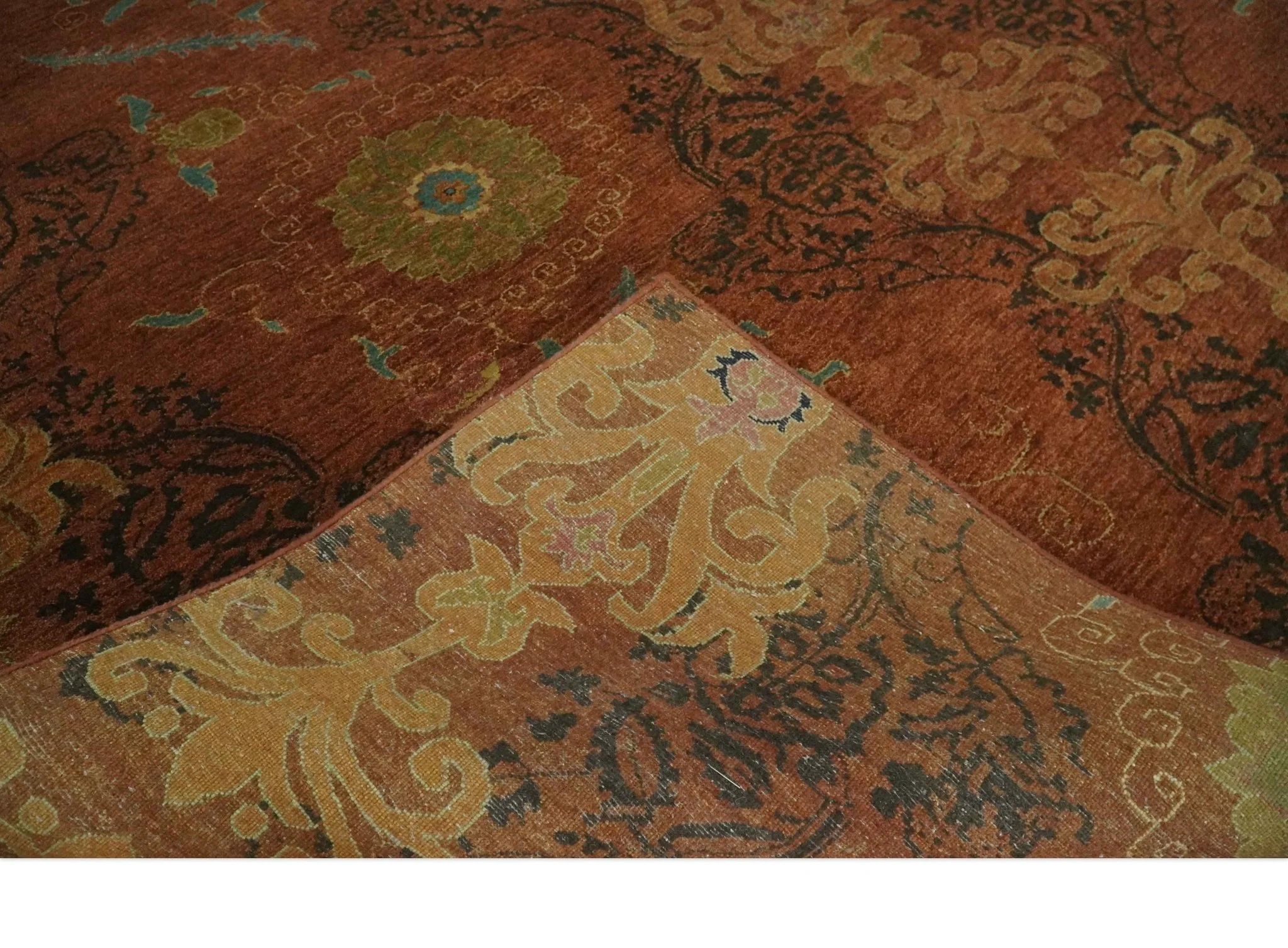 Fine Antique Style Brown, Rust and Green Traditional Ikat design Hand knotted wool Area Rug - Image 6