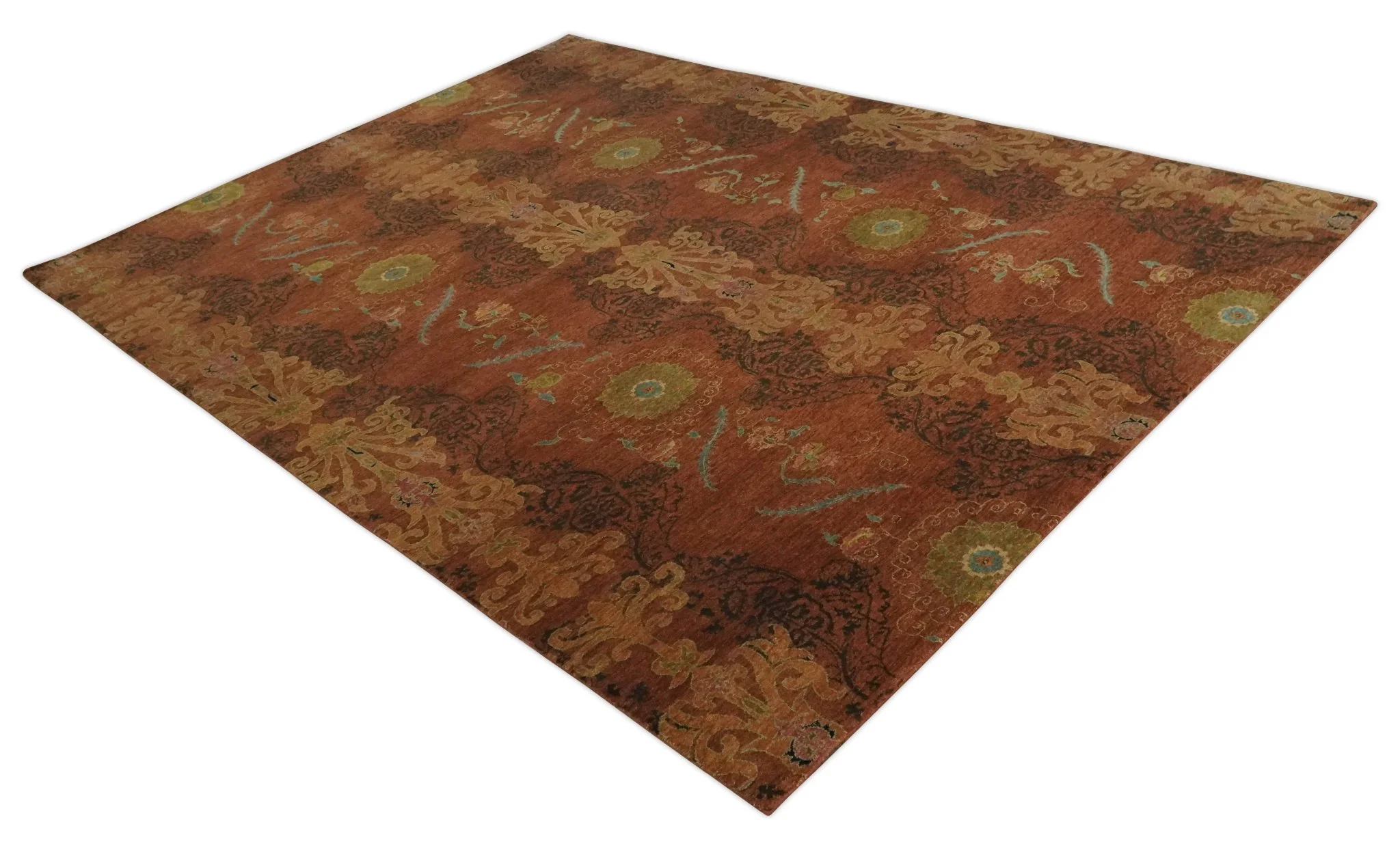 Fine Antique Style Brown, Rust and Green Traditional Ikat design Hand knotted wool Area Rug - Image 9