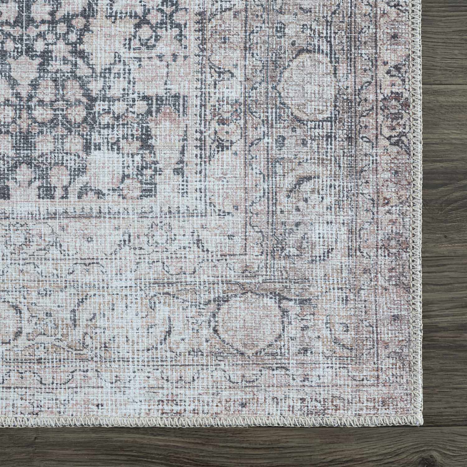 Vintage Antique Design Charcoal, Silver and Beige washable rug - Image 12