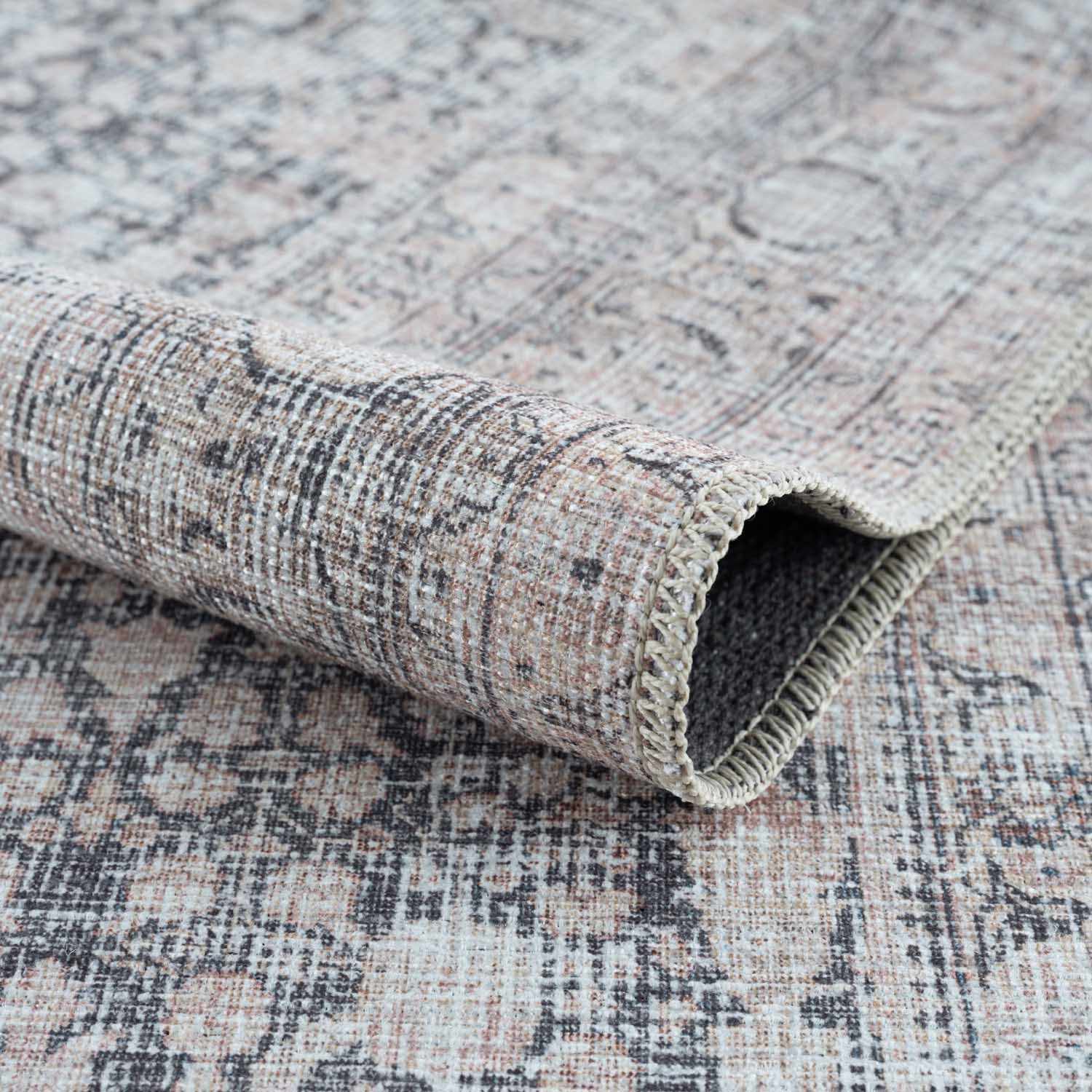 Vintage Antique Design Charcoal, Silver and Beige washable rug - Image 15