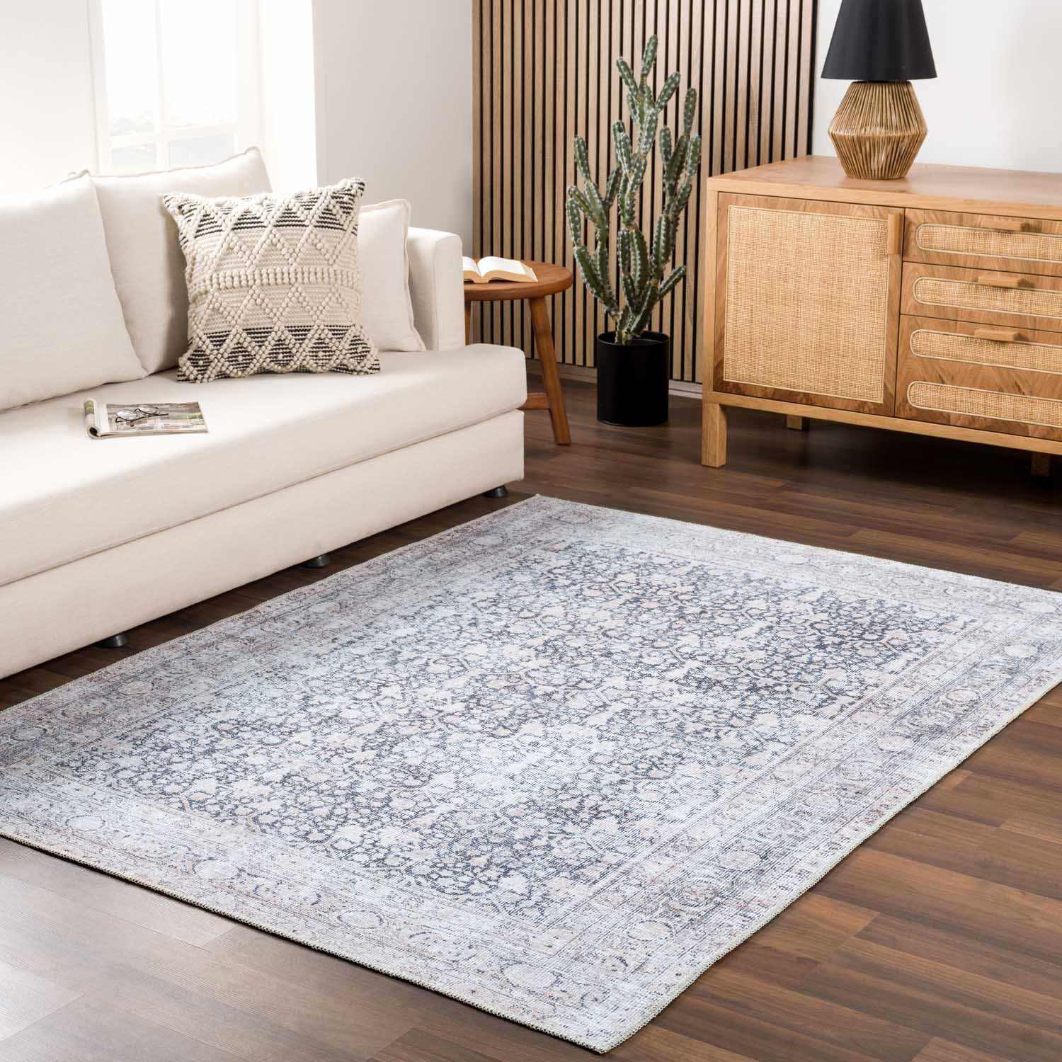 Vintage Antique Design Charcoal, Silver and Beige washable rug - Image 18