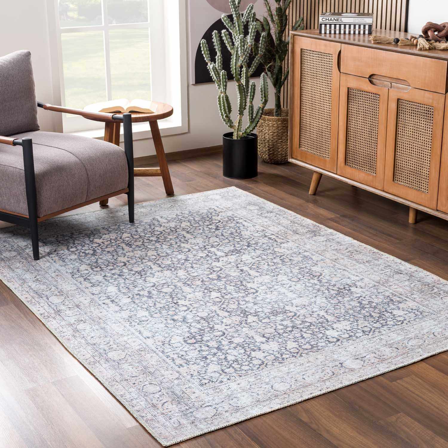 Vintage Antique Design Charcoal, Silver and Beige washable rug - Image 19