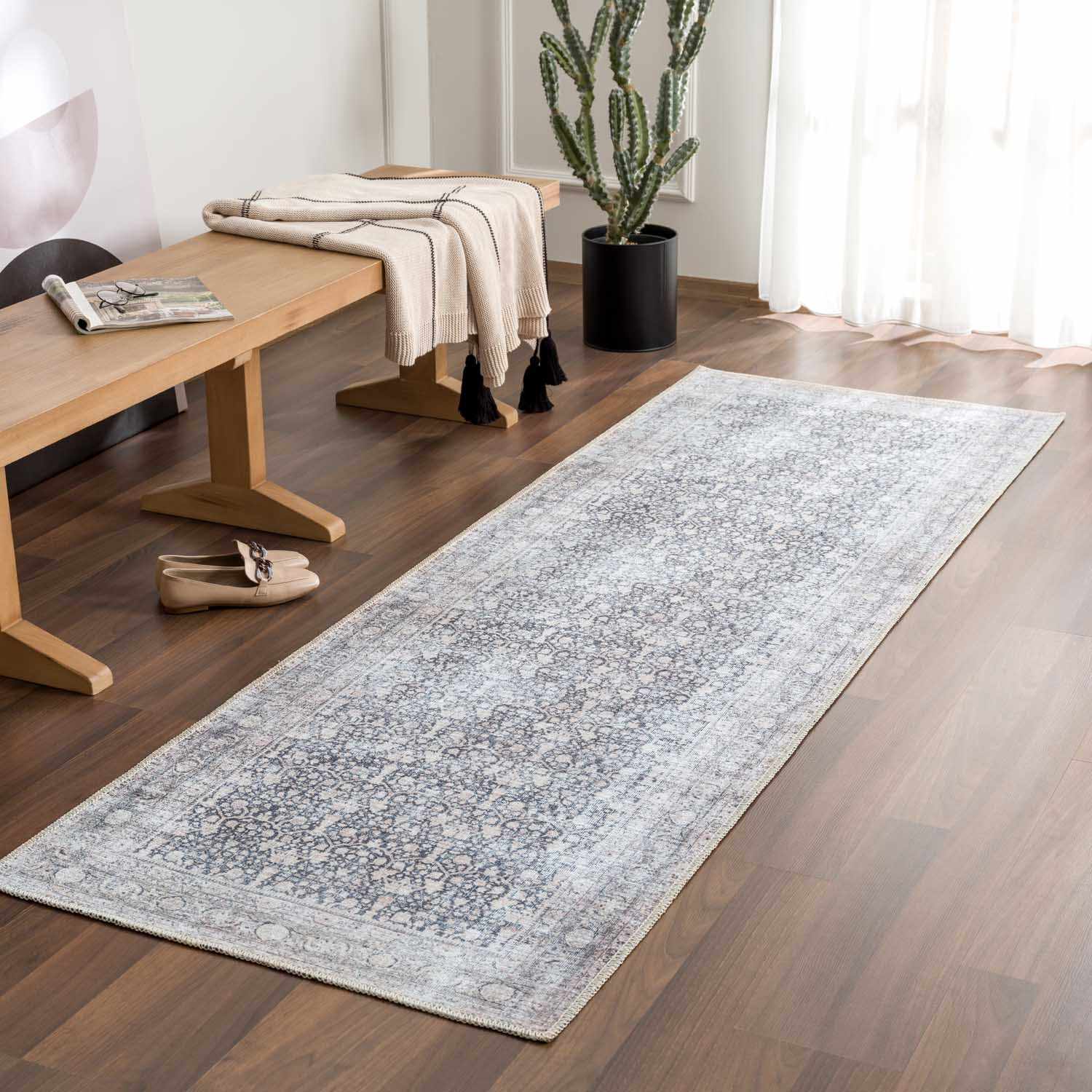Vintage Antique Design Charcoal, Silver and Beige washable rug - Image 20