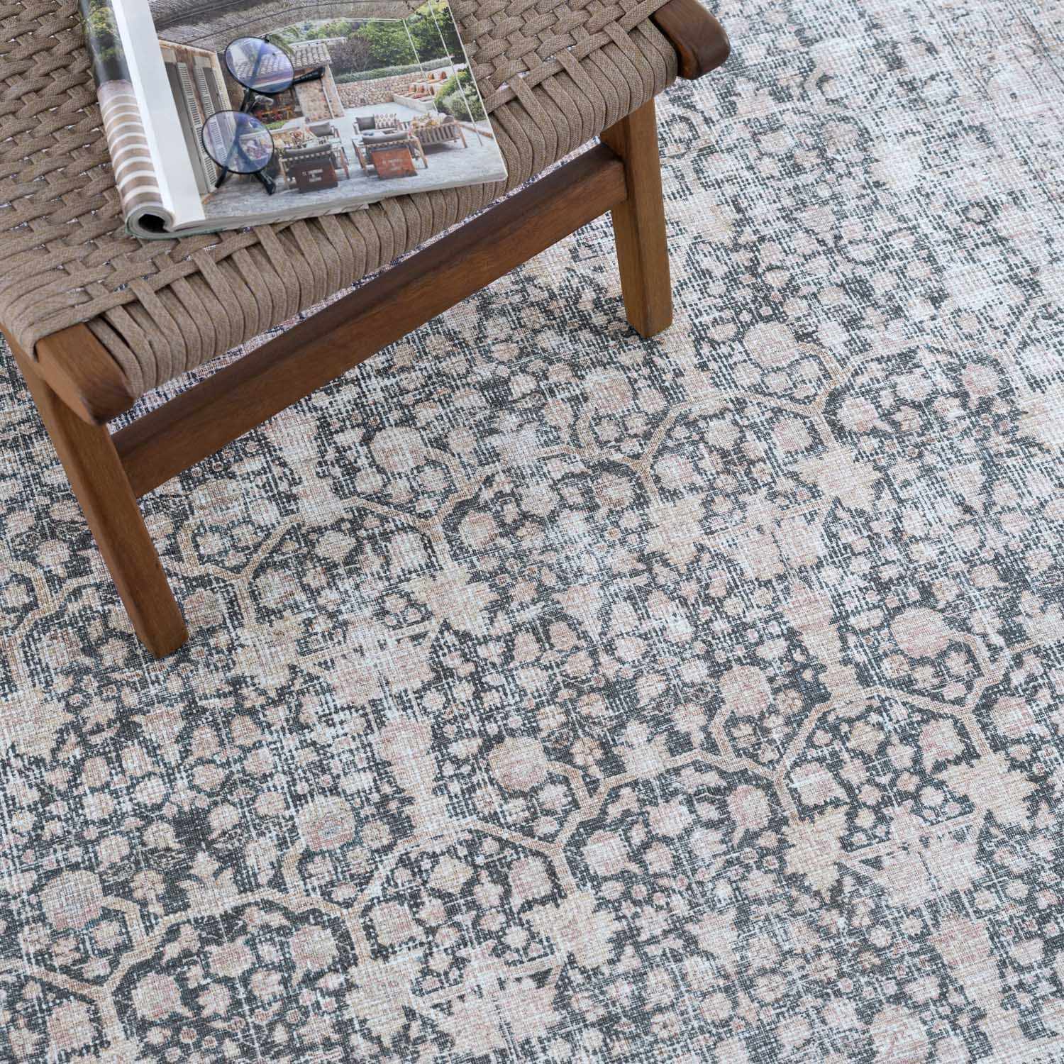 Vintage Antique Design Charcoal, Silver and Beige washable rug - Image 21