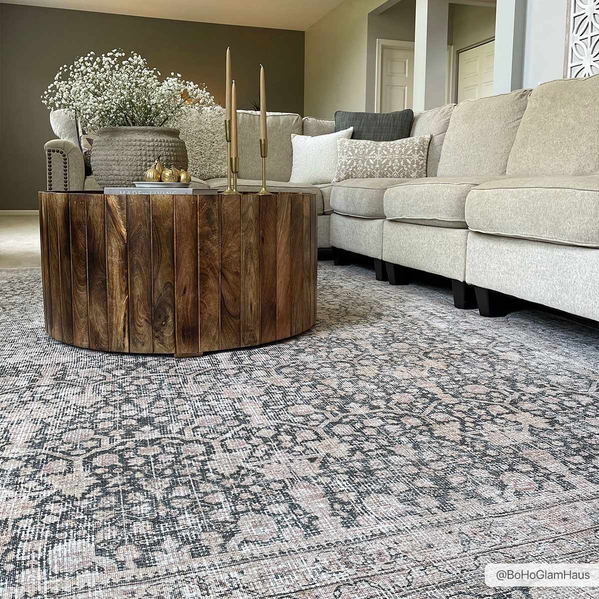 Vintage Antique Design Charcoal, Silver and Beige washable rug - Image 9
