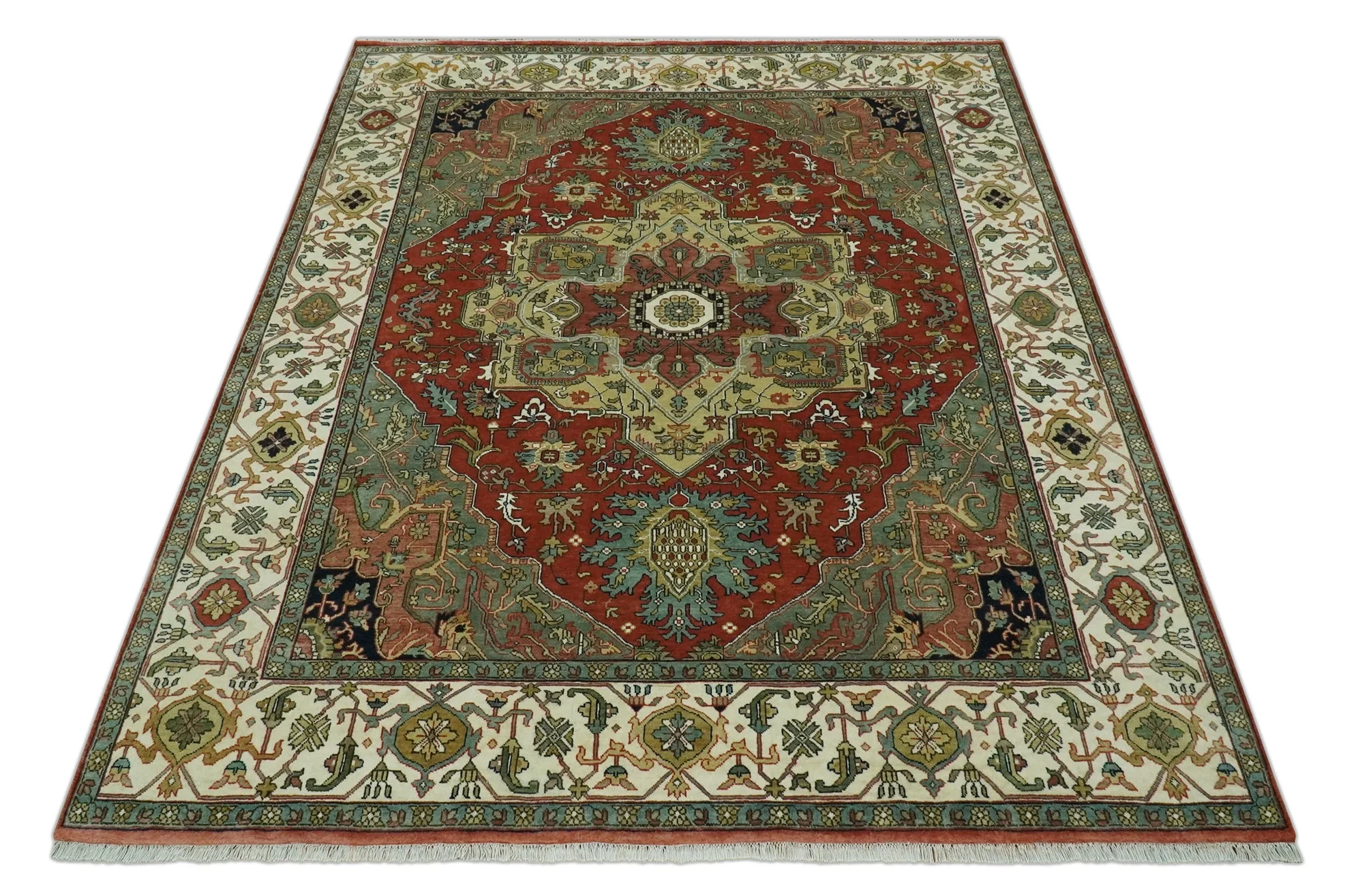 Vintage Style Green, Rust and Ivory Fine Hand Knotted 8x10 wool area rug - Image 10
