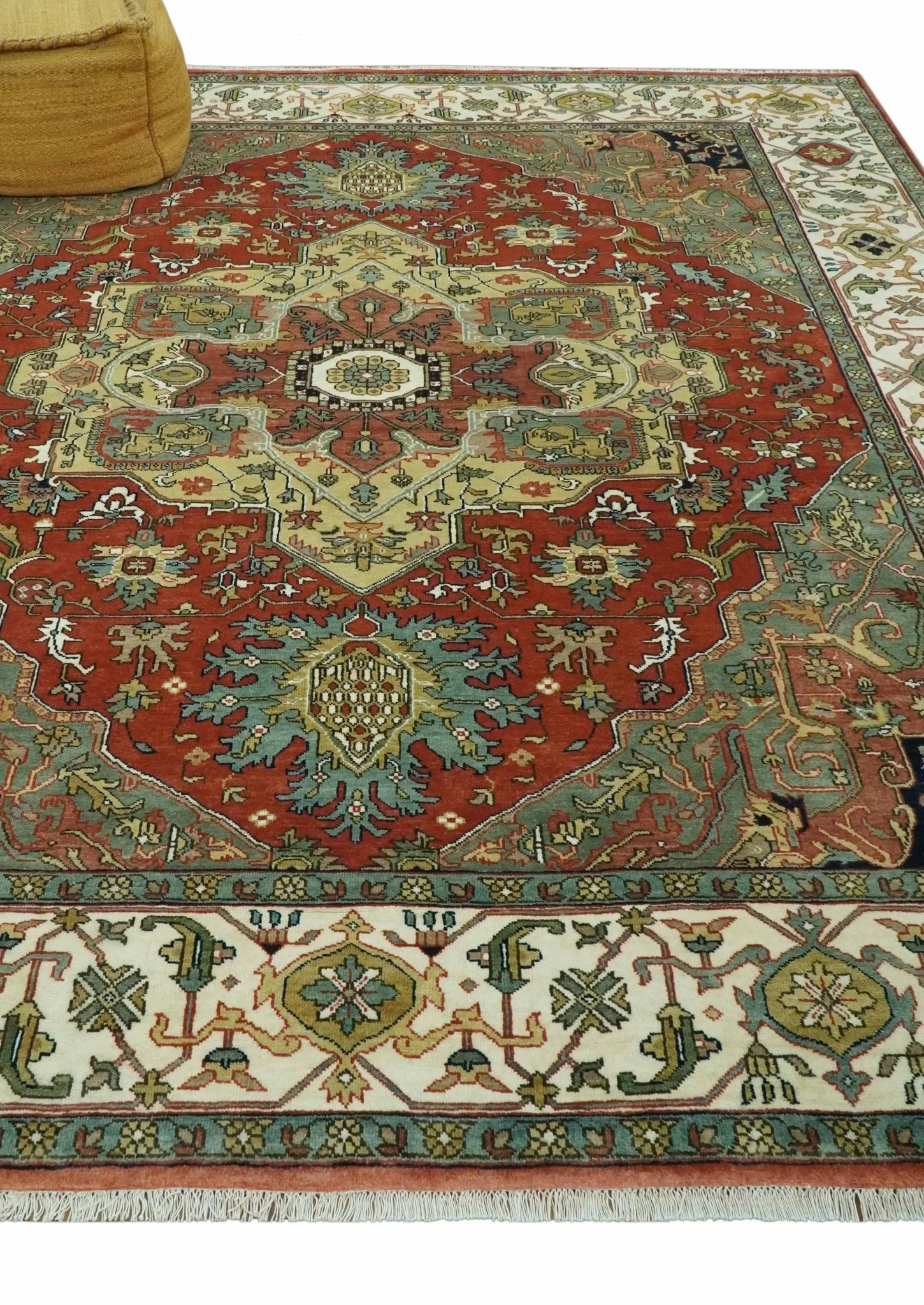 Vintage Style Green, Rust and Ivory Fine Hand Knotted 8x10 wool area rug - Image 3