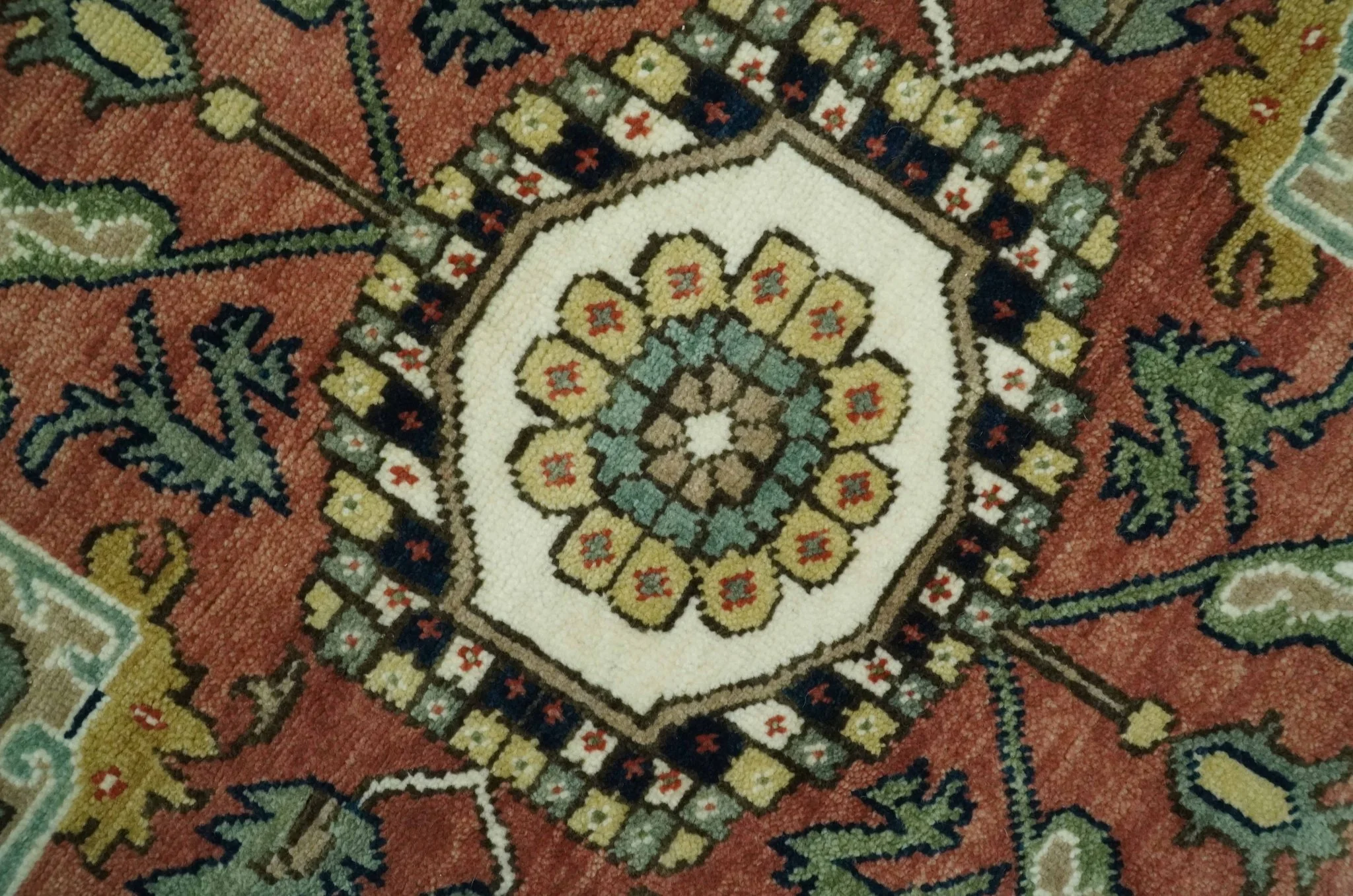 Vintage Style Green, Rust and Ivory Fine Hand Knotted 8x10 wool area rug - Image 4