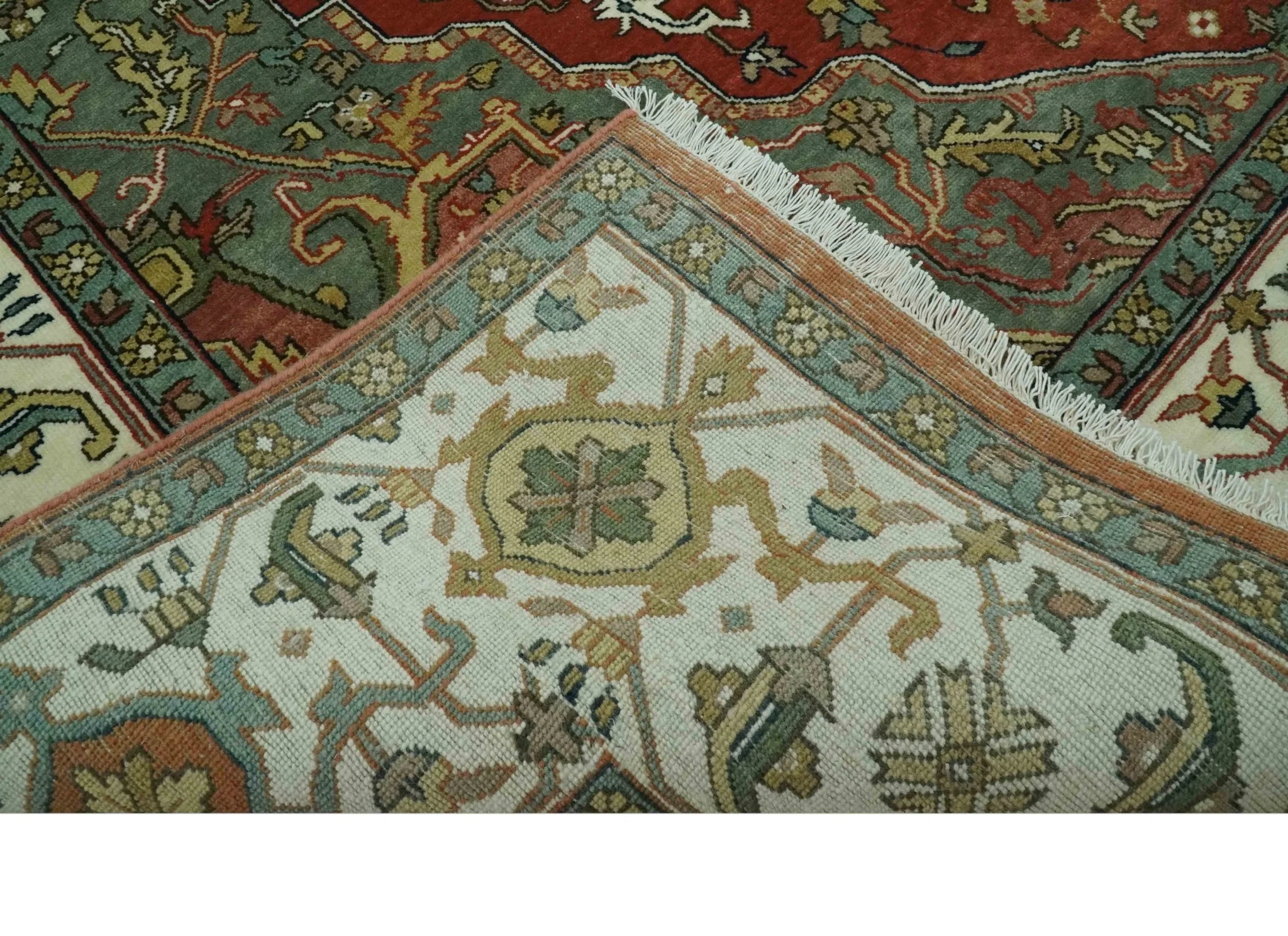 Vintage Style Green, Rust and Ivory Fine Hand Knotted 8x10 wool area rug - Image 6
