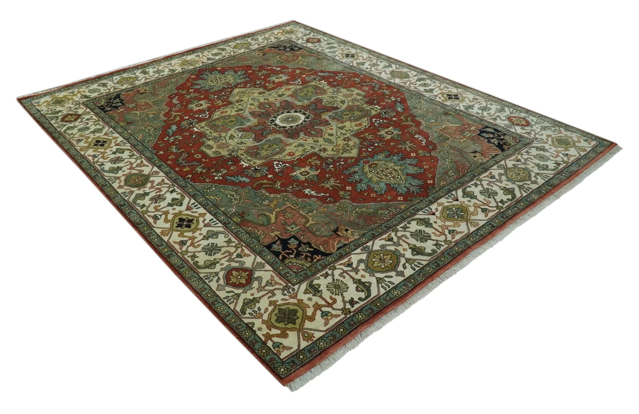 Vintage Style Green, Rust and Ivory Fine Hand Knotted 8x10 wool area rug - Image 9