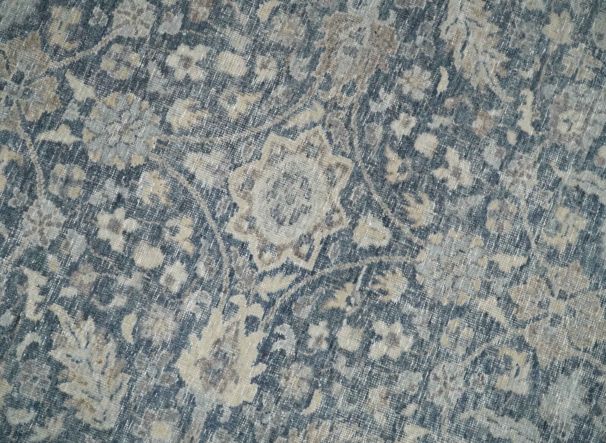 Vintage Style Hand Knotted 9x12 Traditional Blue and Beige Antique Textured Low Pile Distressed Wool Rug - Image 10