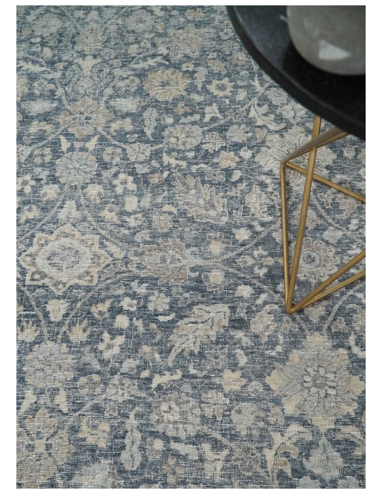 Vintage Style Hand Knotted 9x12 Traditional Blue and Beige Antique Textured Low Pile Distressed Wool Rug - Image 2
