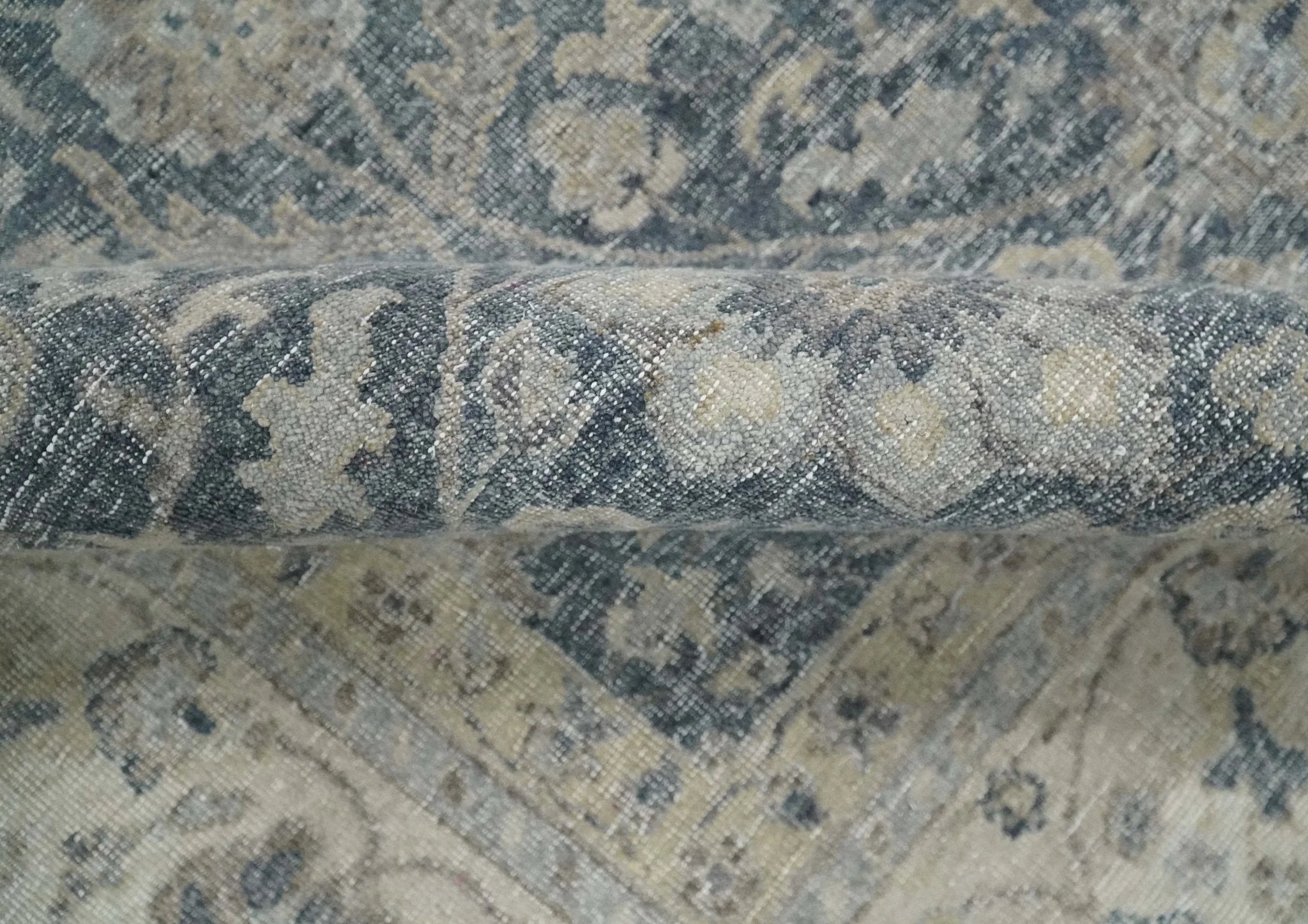 Vintage Style Hand Knotted 9x12 Traditional Blue and Beige Antique Textured Low Pile Distressed Wool Rug - Image 7