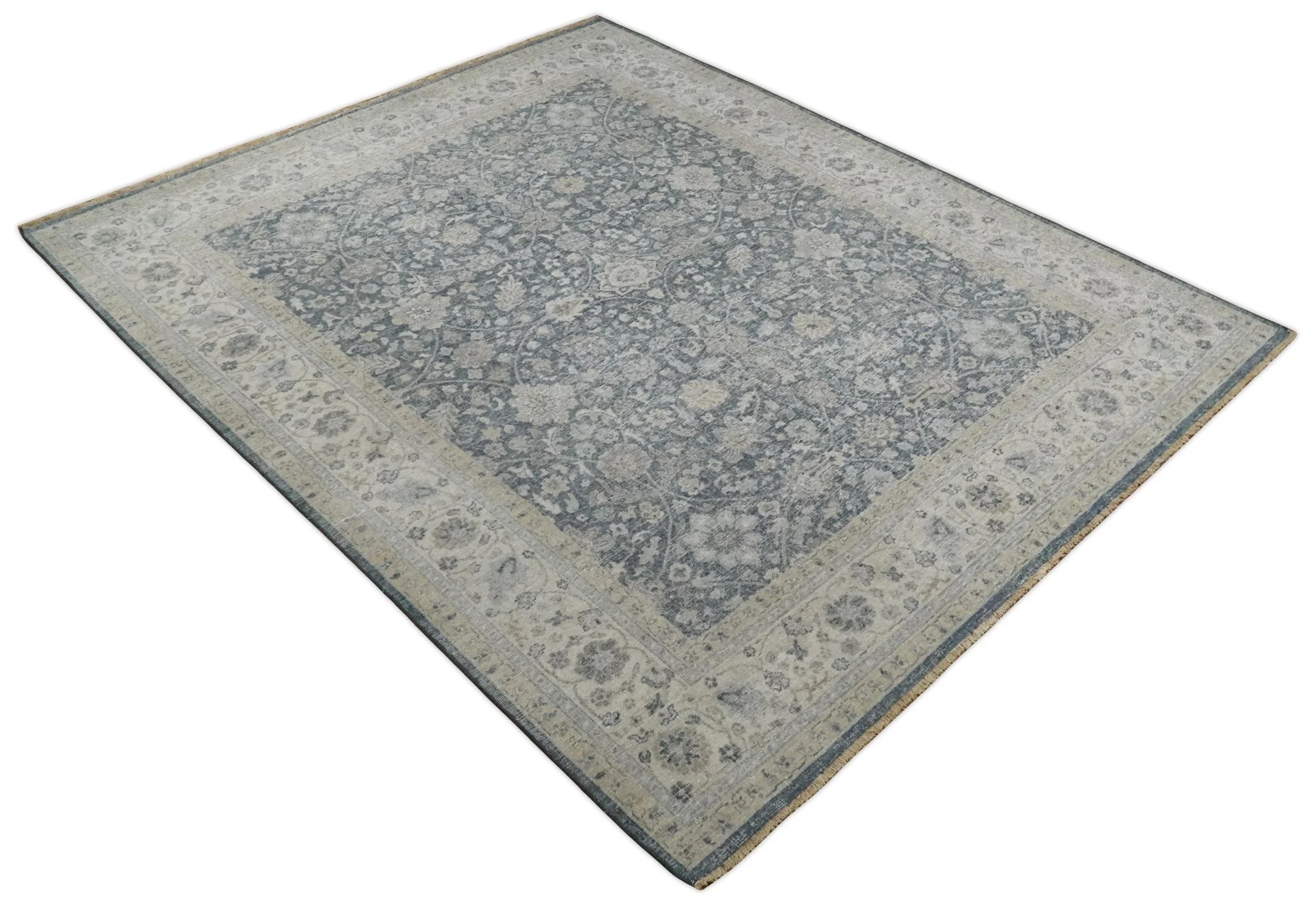 Vintage Style Hand Knotted 9x12 Traditional Blue and Beige Antique Textured Low Pile Distressed Wool Rug - Image 9