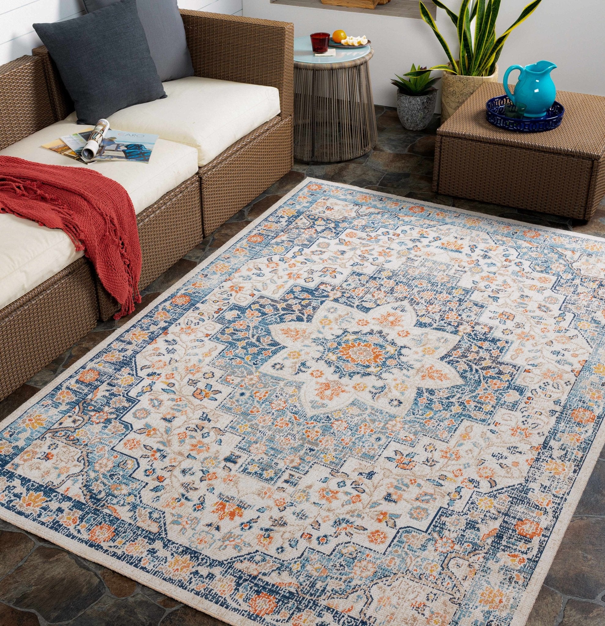 Vintage Style Ivory, Blue and Peach Traditional Floral Medallion Outdoor Safe Area Rug - Image 3