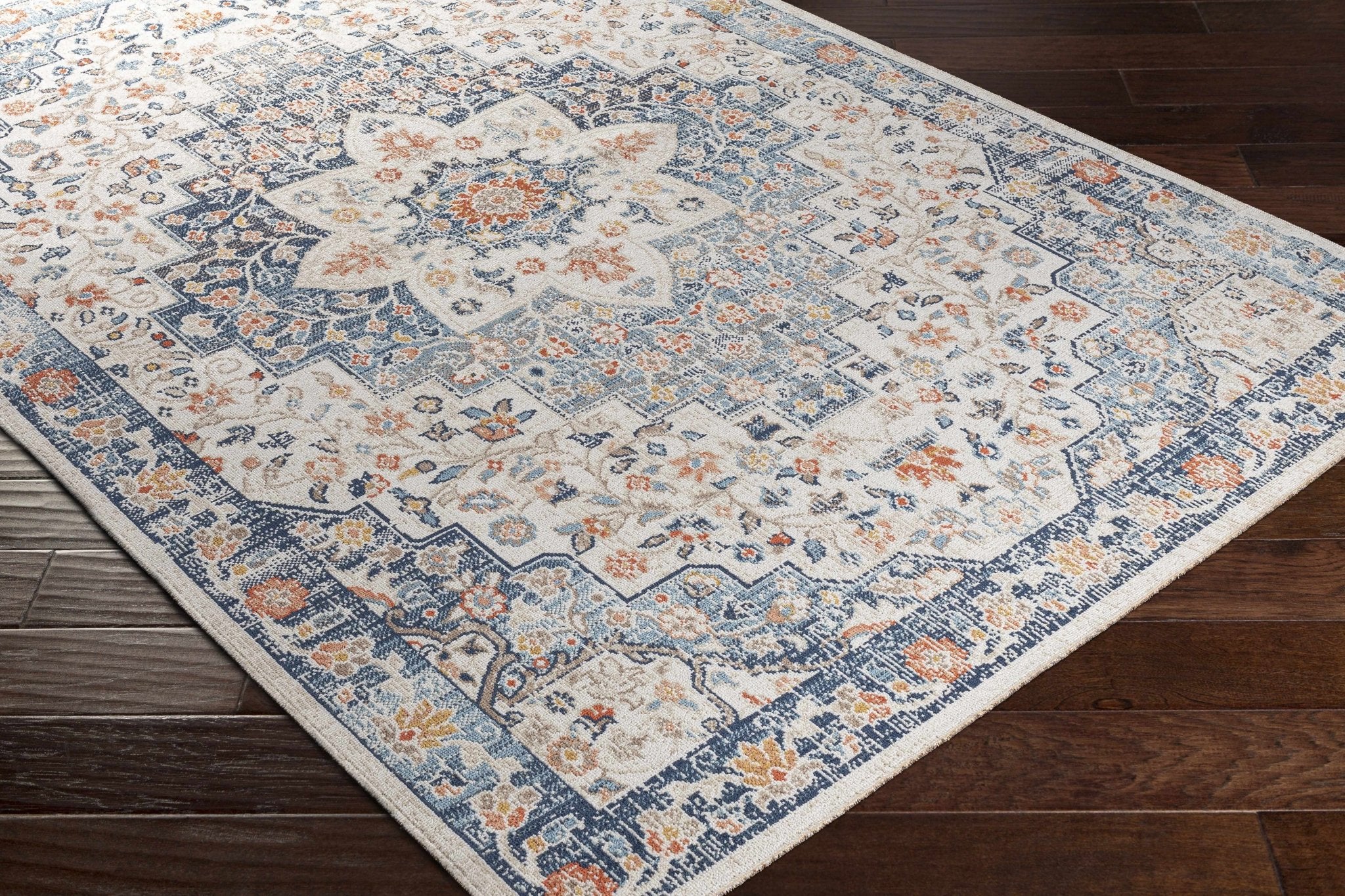 Vintage Style Ivory, Blue and Peach Traditional Floral Medallion Outdoor Safe Area Rug - Image 4