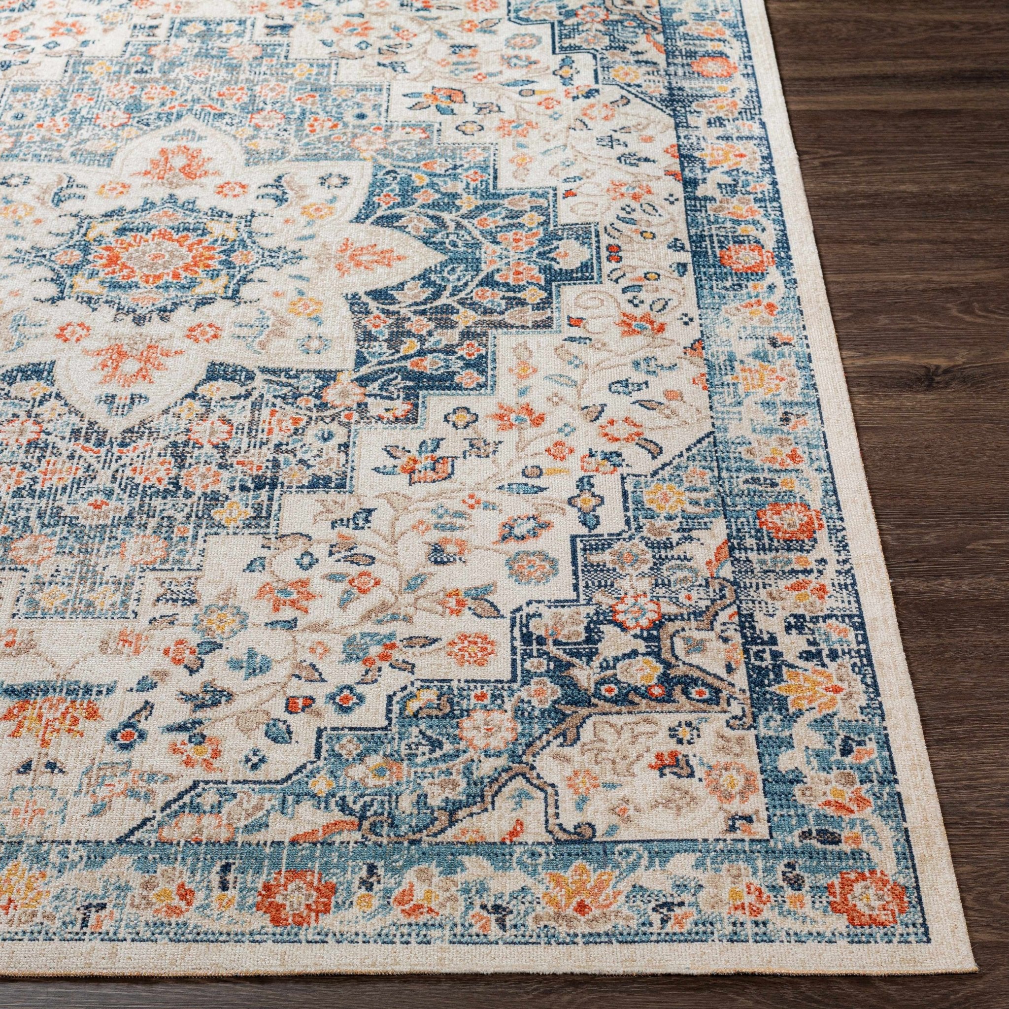 Vintage Style Ivory, Blue and Peach Traditional Floral Medallion Outdoor Safe Area Rug - Image 5