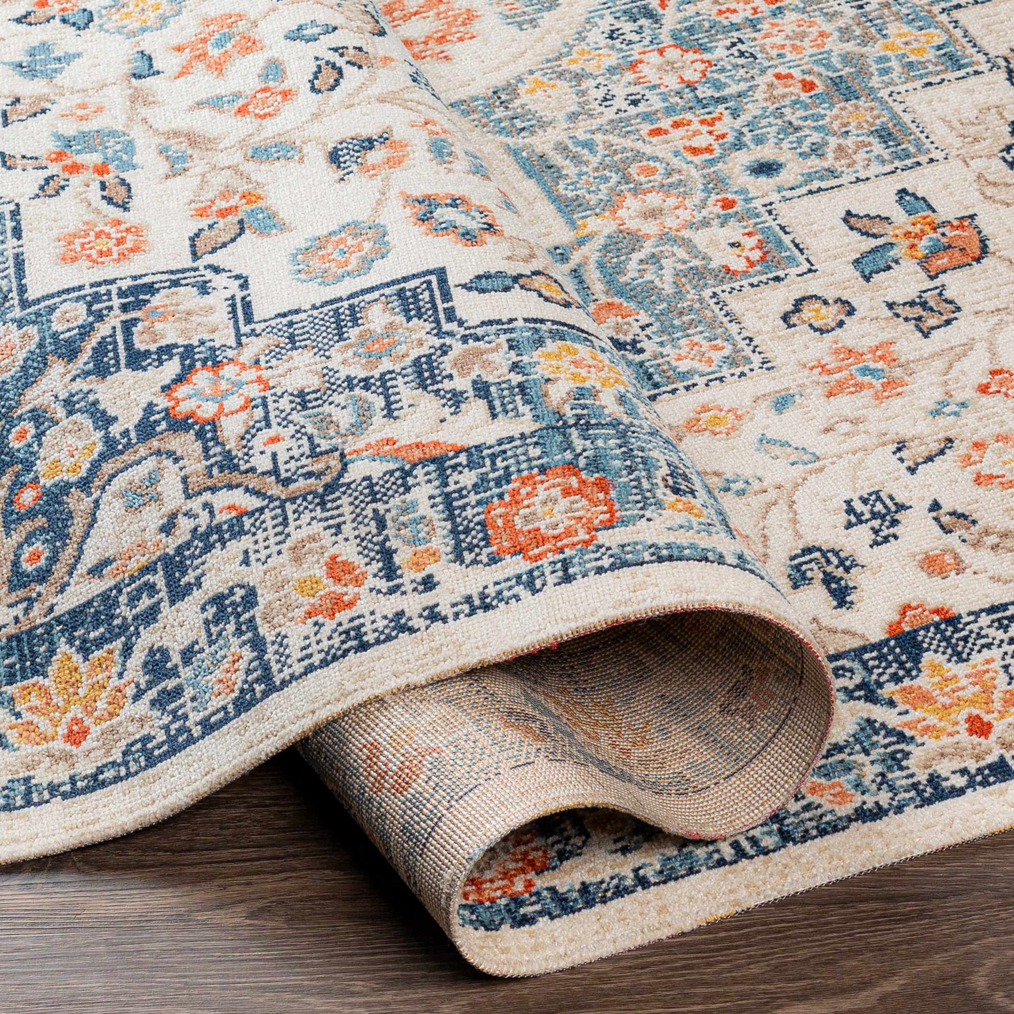 Vintage Style Ivory, Blue and Peach Traditional Floral Medallion Outdoor Safe Area Rug - Image 6