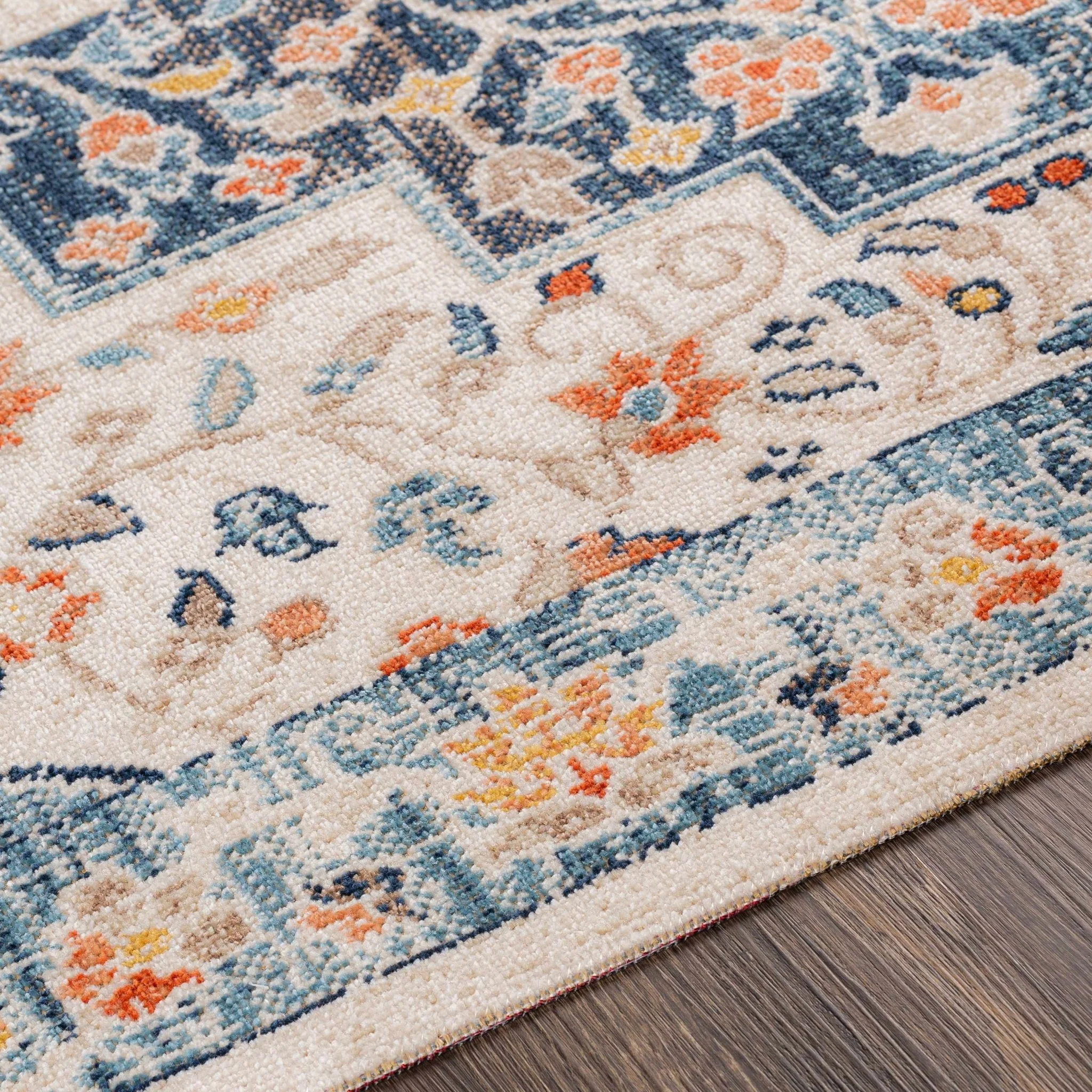 Vintage Style Ivory, Blue and Peach Traditional Floral Medallion Outdoor Safe Area Rug - Image 7