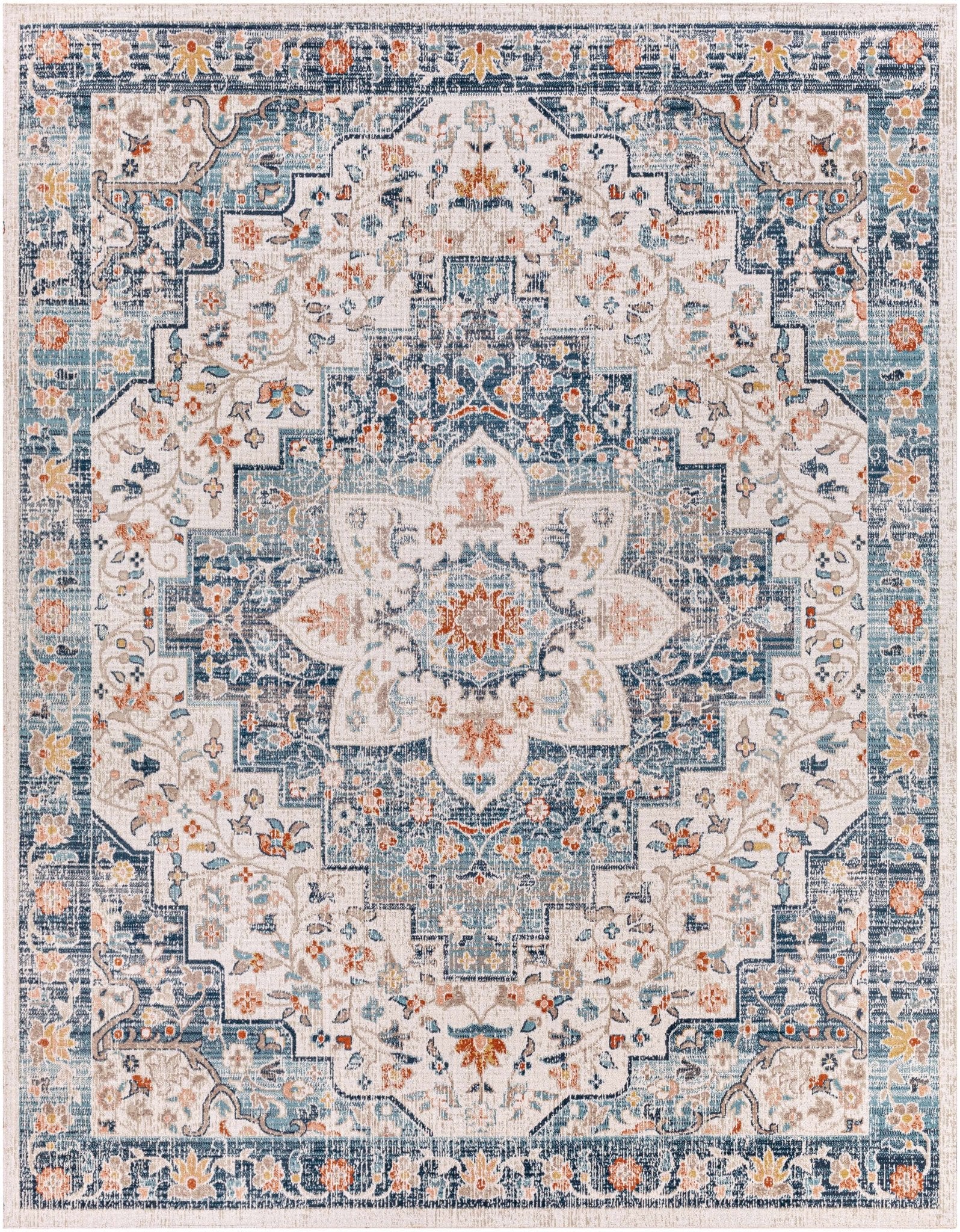 Vintage Style Ivory, Blue and Peach Traditional Floral Medallion Outdoor Safe Area Rug - Image 9