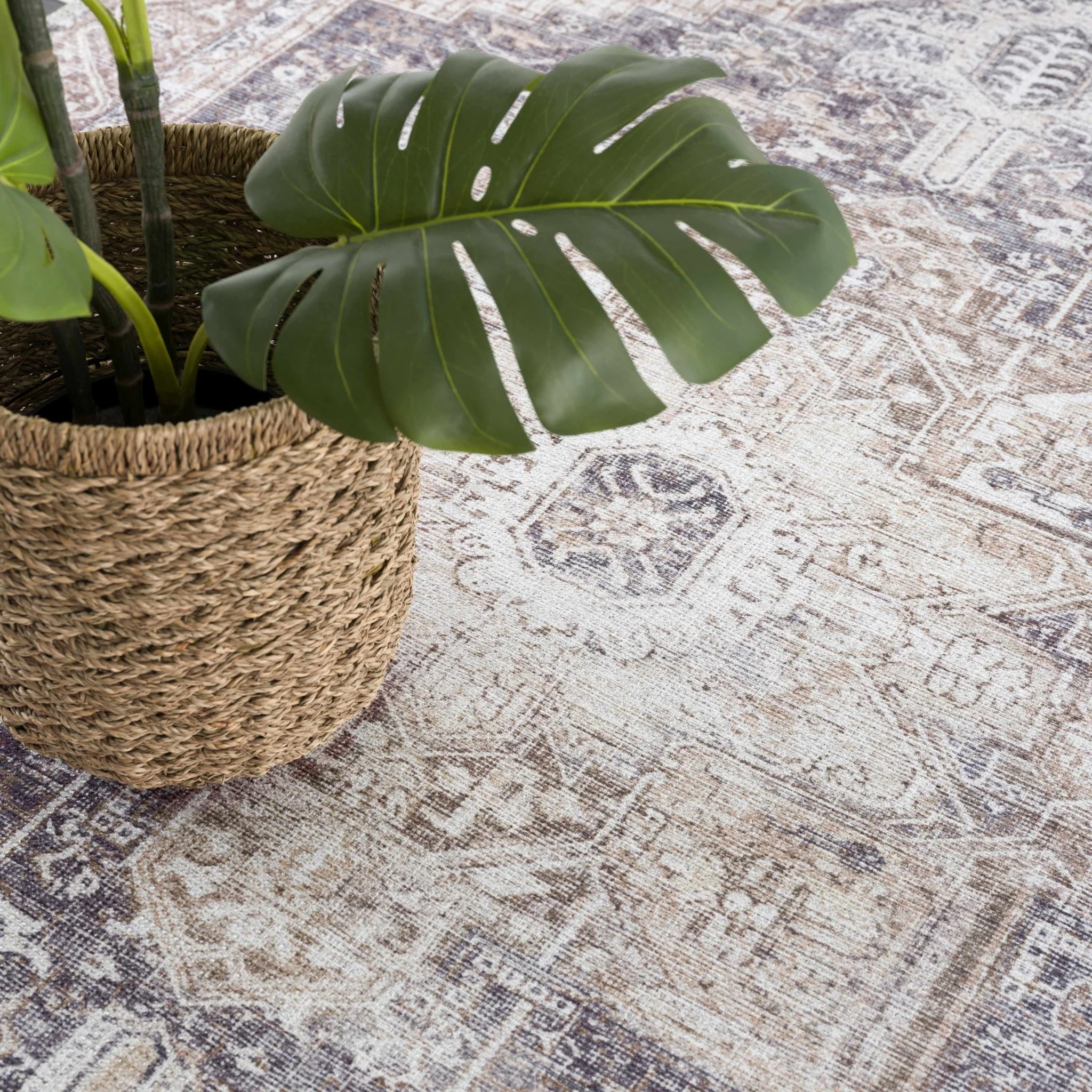 Vintage Style Ivory, Charcoal and Brown Traditional Medallion Design Machine Washable Area Rug - Image 10