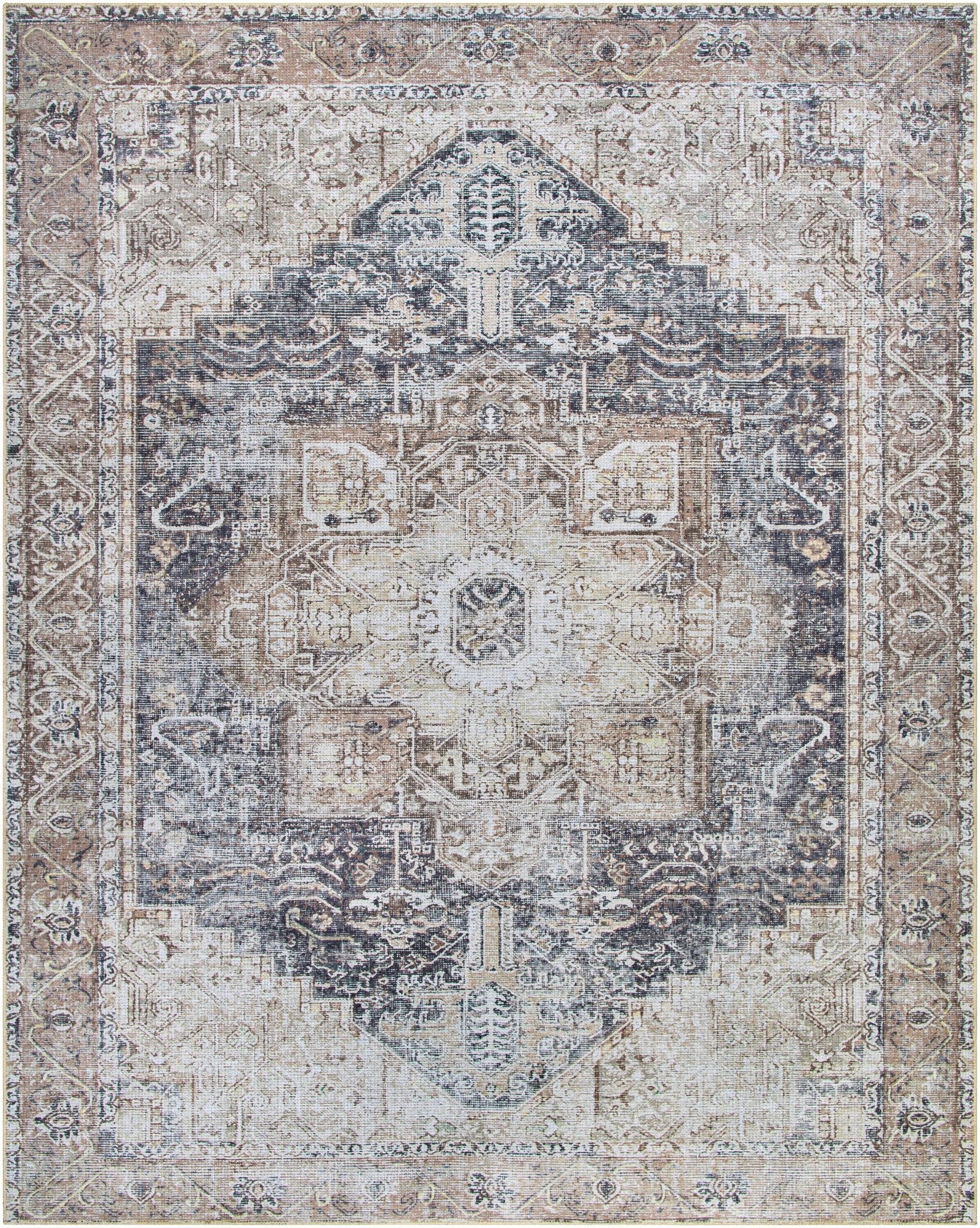 Vintage Style Ivory, Charcoal and Brown Traditional Medallion Design Machine Washable Area Rug - Image 11