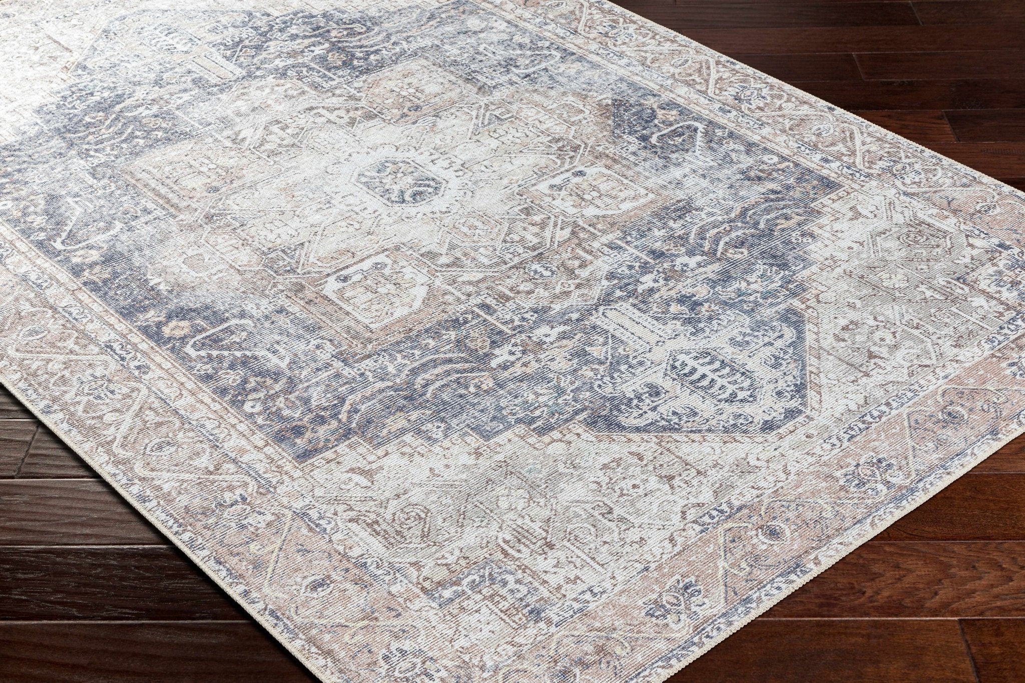 Vintage Style Ivory, Charcoal and Brown Traditional Medallion Design Machine Washable Area Rug - Image 12